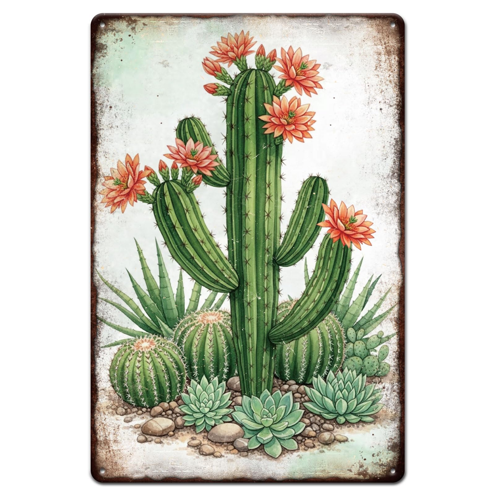 GLOBLELAND Vintage Cactus Flowers Metal Tin Sign 12x8inch Aloe Vera Plants Tin Signs Succulent Metal Wall Decor for Home Room Garden Cafes Club Gym Shop Store Decoration