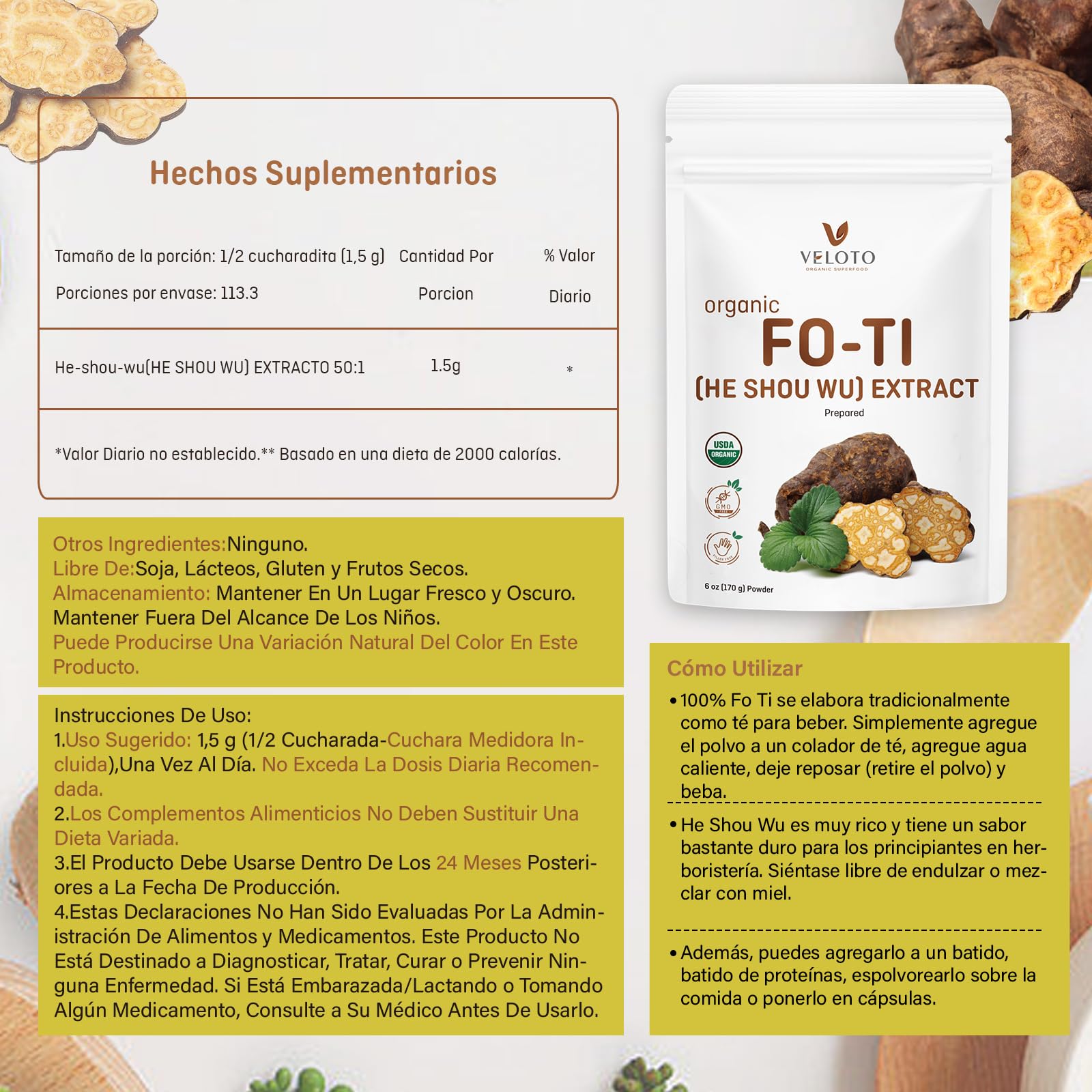 Poudre Organique de He Shou Wu, Extraits de Fo Ti, Herbe Tonique Riche en Nutriments et Antioxydants, Complément pour Soutenir l'Énergie, l'Humeur et le Système Immunitaire, Non-OGM, 170g