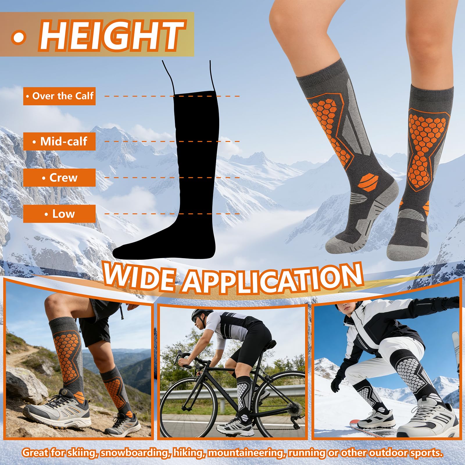 2 Paar Skisocken Damen, Ski Socken zum Skifahren Atmungsaktive Schnelltrocknende, Skistrümpfe mit Polsterung