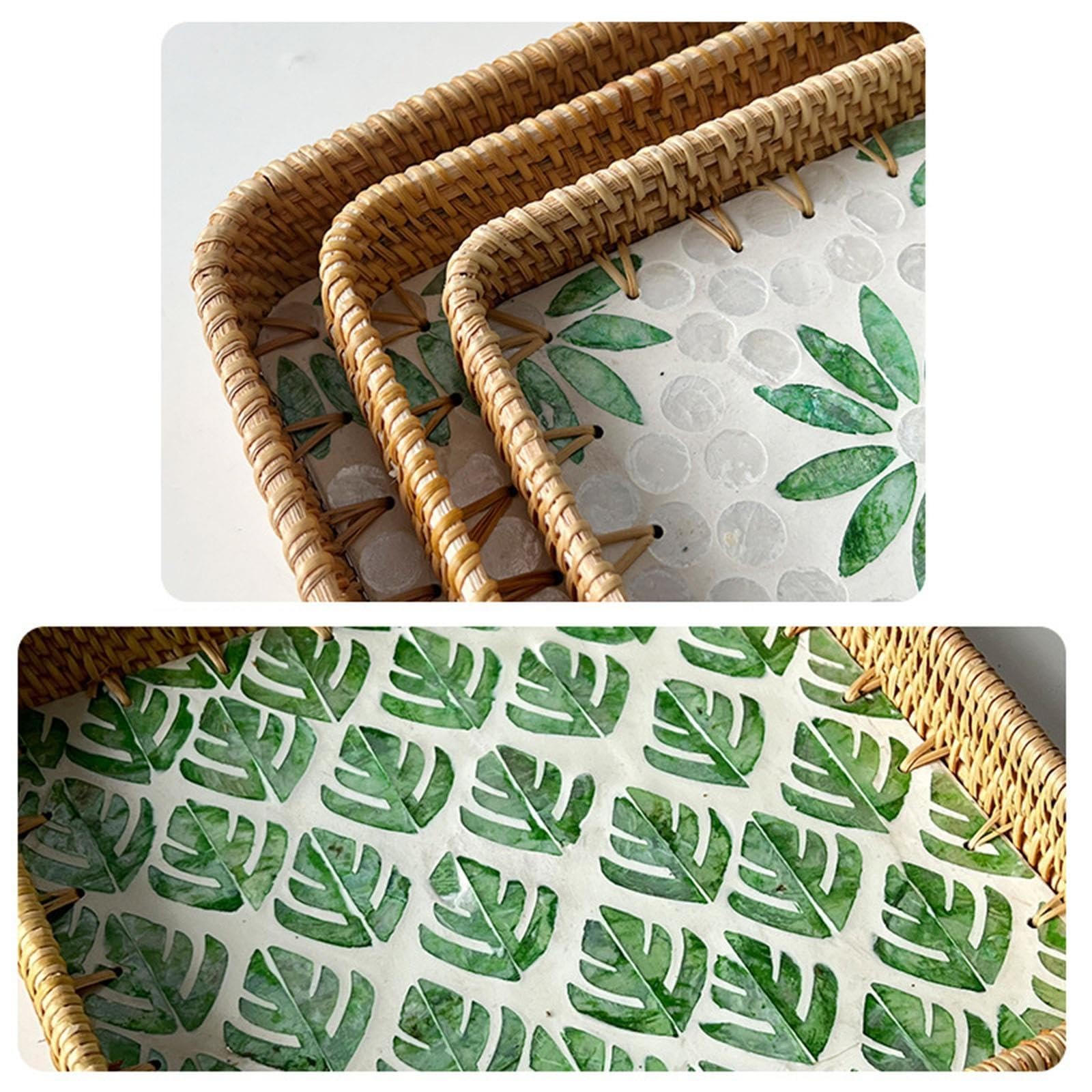 3Pcs Square Rattan Tray with Mother of Pearl Inlay,