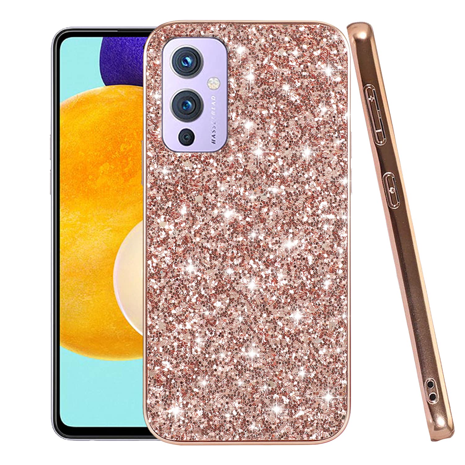 Compatible with OnePlus 9 Case Glitter Bling OnePlus 9 Phone Case for Girls Cute Bumper Shockproof Protective Case (Rose Gold, OnePlus 9)