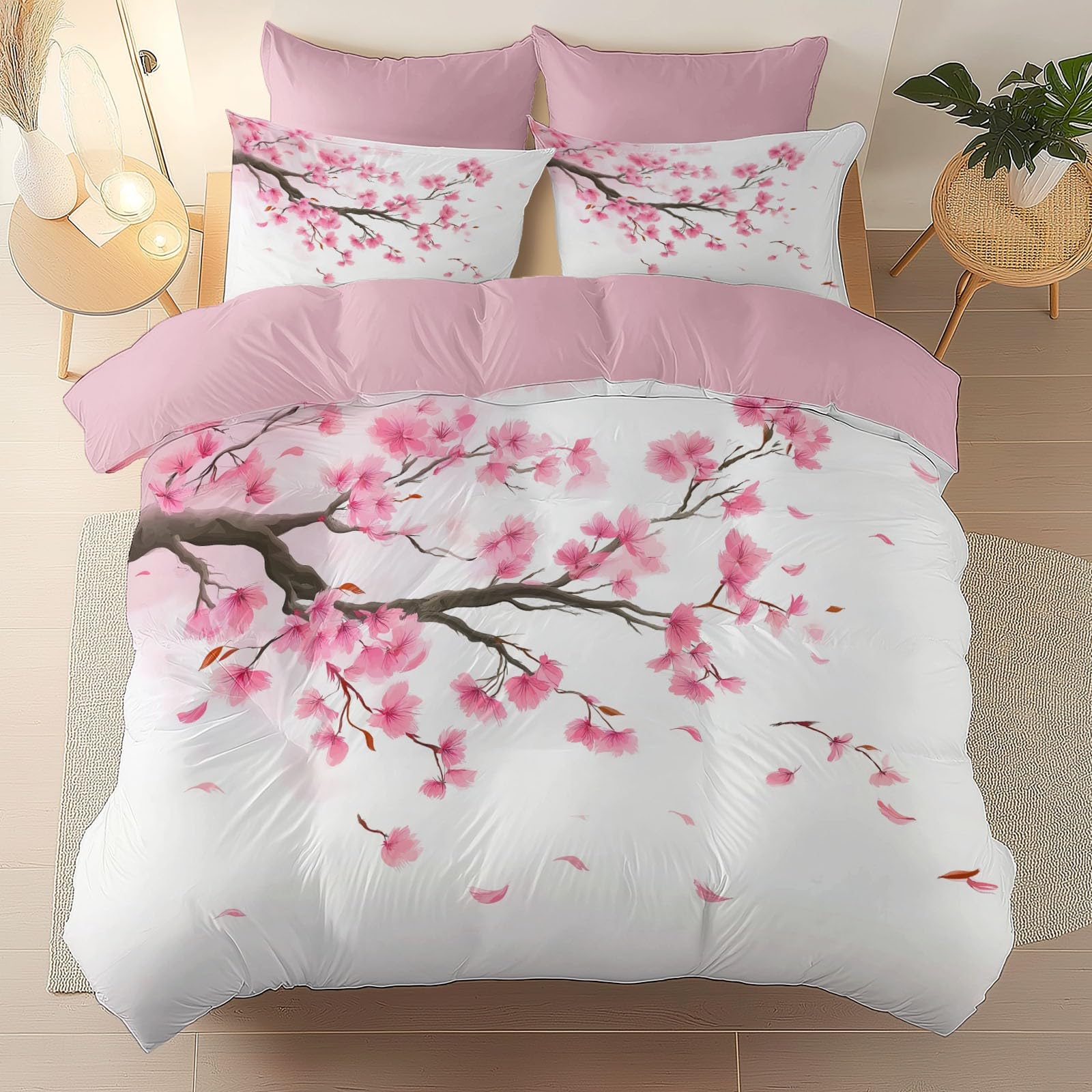 Housse de couette 240x260 cm rose fleurs de cerisier imprimée en microfibre