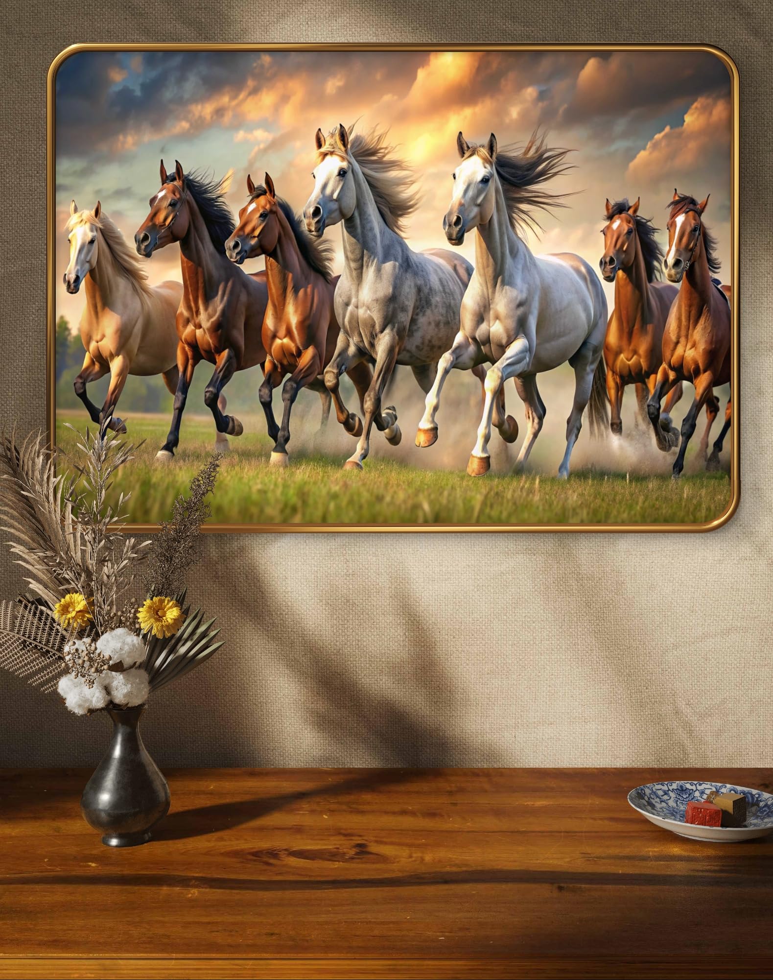 Livin'luxe paintings Seven Running Horses modern art Premium Sparkle Lamination Finished Surface Golden Slim Frame (13 x 19 Inch) For Home/Office/Hotel painting MG500