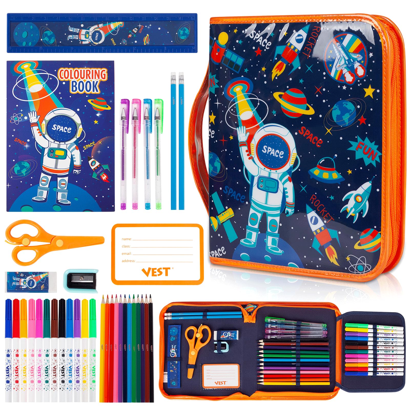 PowerKing Markers Set with Glitter Space Pencil Case & Stationery, Art Supplies Coloring Kits for Kids Ages 4-6-8-12, Birthday Gifts for Boys Aged 4 5 6 7 8 9 10 11 12