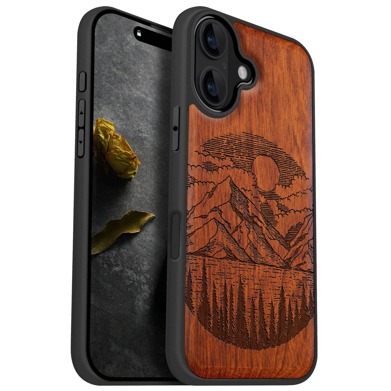 Carveit Magnetic Wooden Case for iPhone 16 Case, Wood Artisan Engraved & Black Soft TPU Shockproof Cover, Compatible with MagSafe Wireless Chargers (