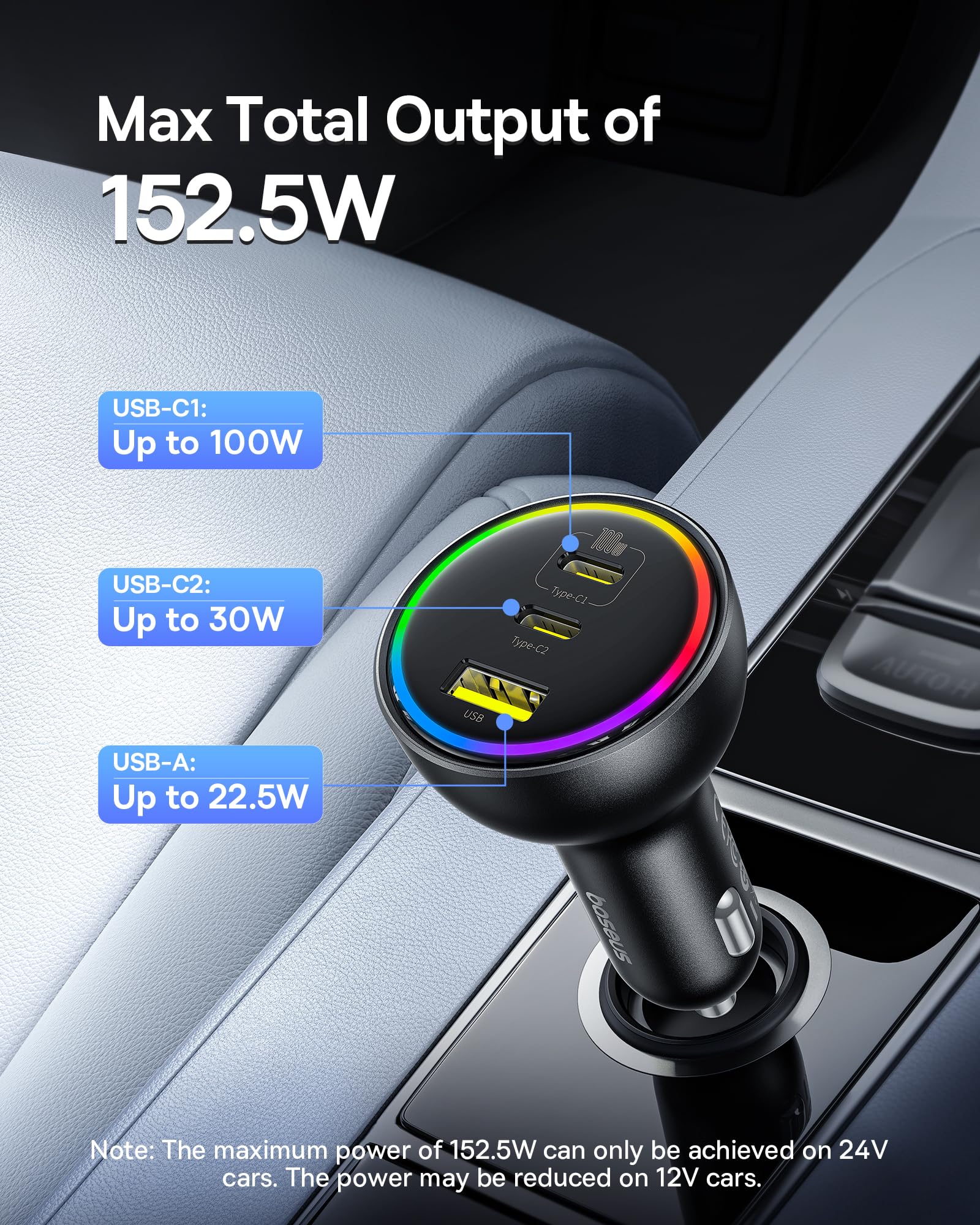 Ładowarka samochodowa USB C 152,5 W, super szybkie ładowanie, 3-portowa ładowarka samochodowa, PD3.0 QC4.0 Ultra kompaktowa RGB szybka ładowarka samochodowa typu C, do iPhone'a 17, 16, 15, 14 Pro, Max
