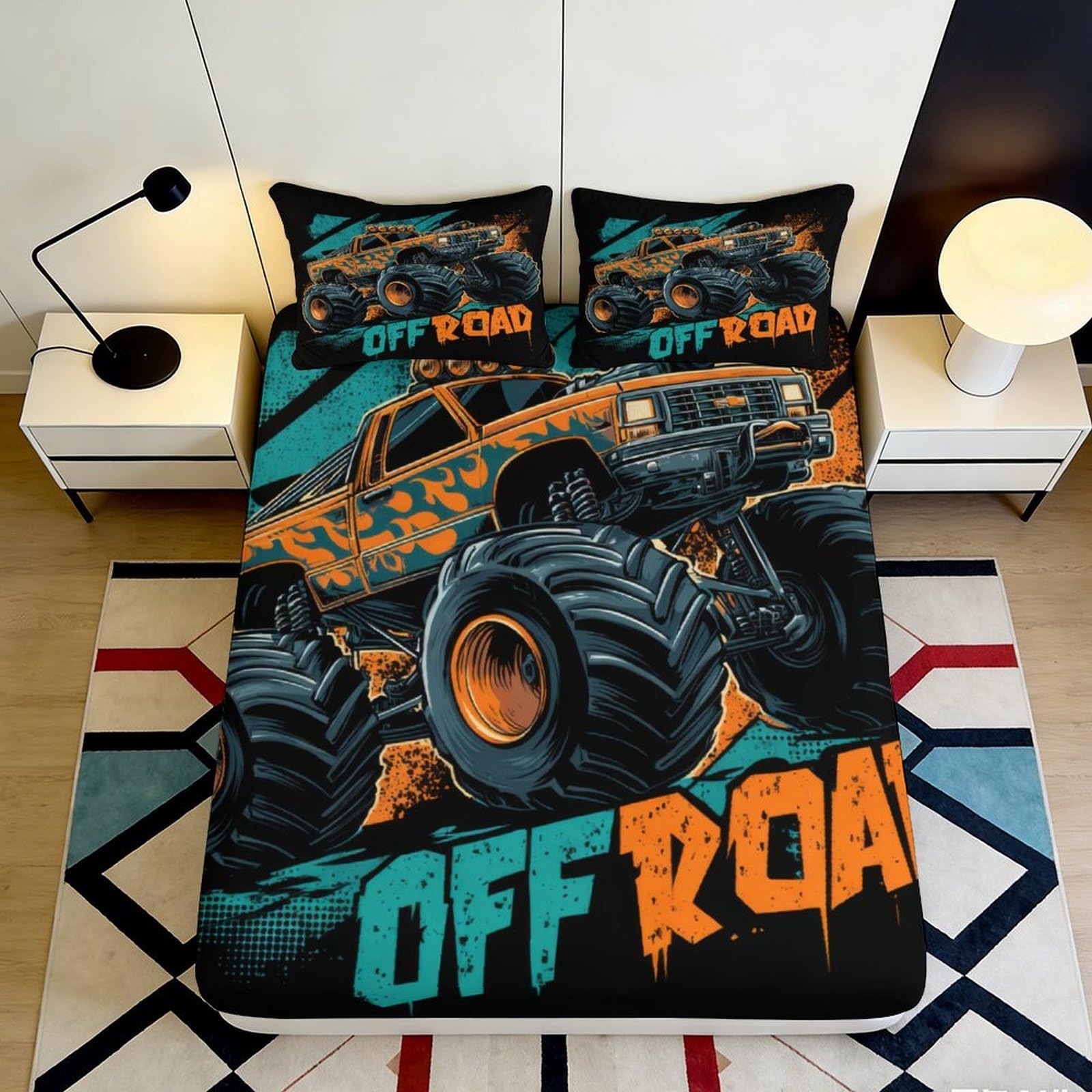 Uxinyoume Style-10 3D Printed Monster Truck Fitted Sheet Microfiber Orange Black Off Road Bed Cover For Bedroom Dorm Mattress Decor 90X200x25cm