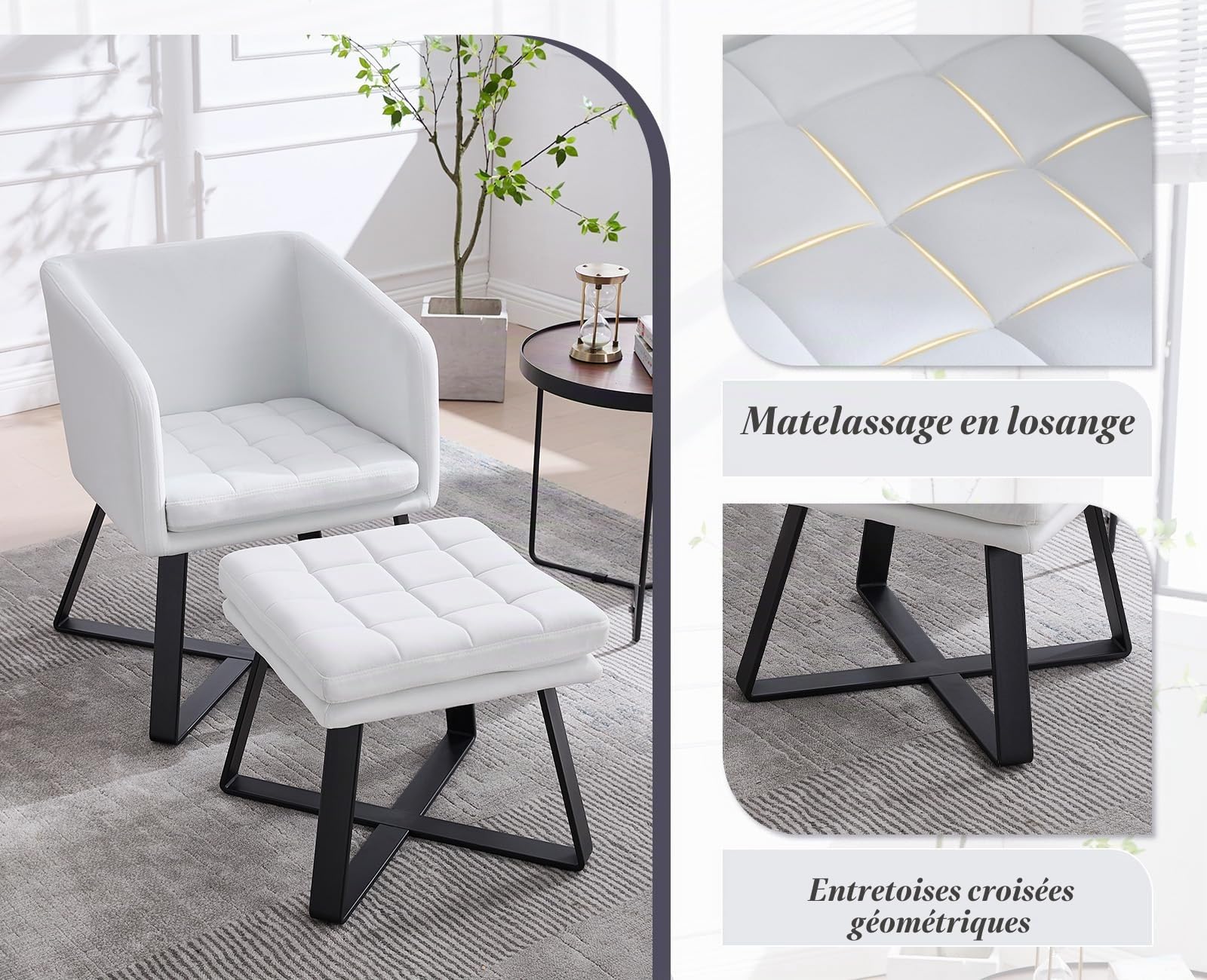 chairus Fauteuil de Salon avec Repose-Pied, Fauteuil Relax avec Pieds en Métal, Chaise Scandinave en Velours pour Salon, Chambre, Beige