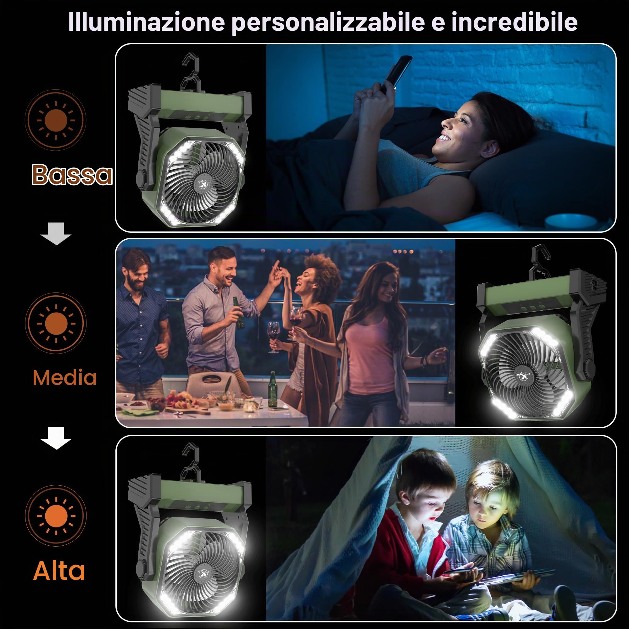 Ventilatore da campeggio con torcia LED 20000mAh Batteria ricaricabile Ventilatore da tenda ricaricabile luce e gancio Ventilatore da tavolo USB personale per il campeggio e la pesca -Verde militare