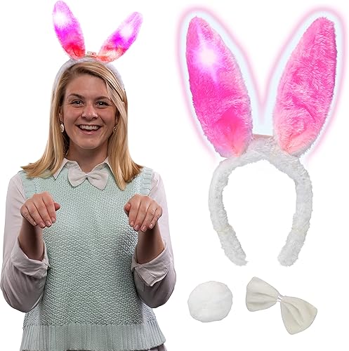 Miniatura 8 de Halloween 3pc Bunny Costume Headband Light-up Ears Bowtie  Tail-Rabbit for Men Women Kids -One Size Couples Party Easter