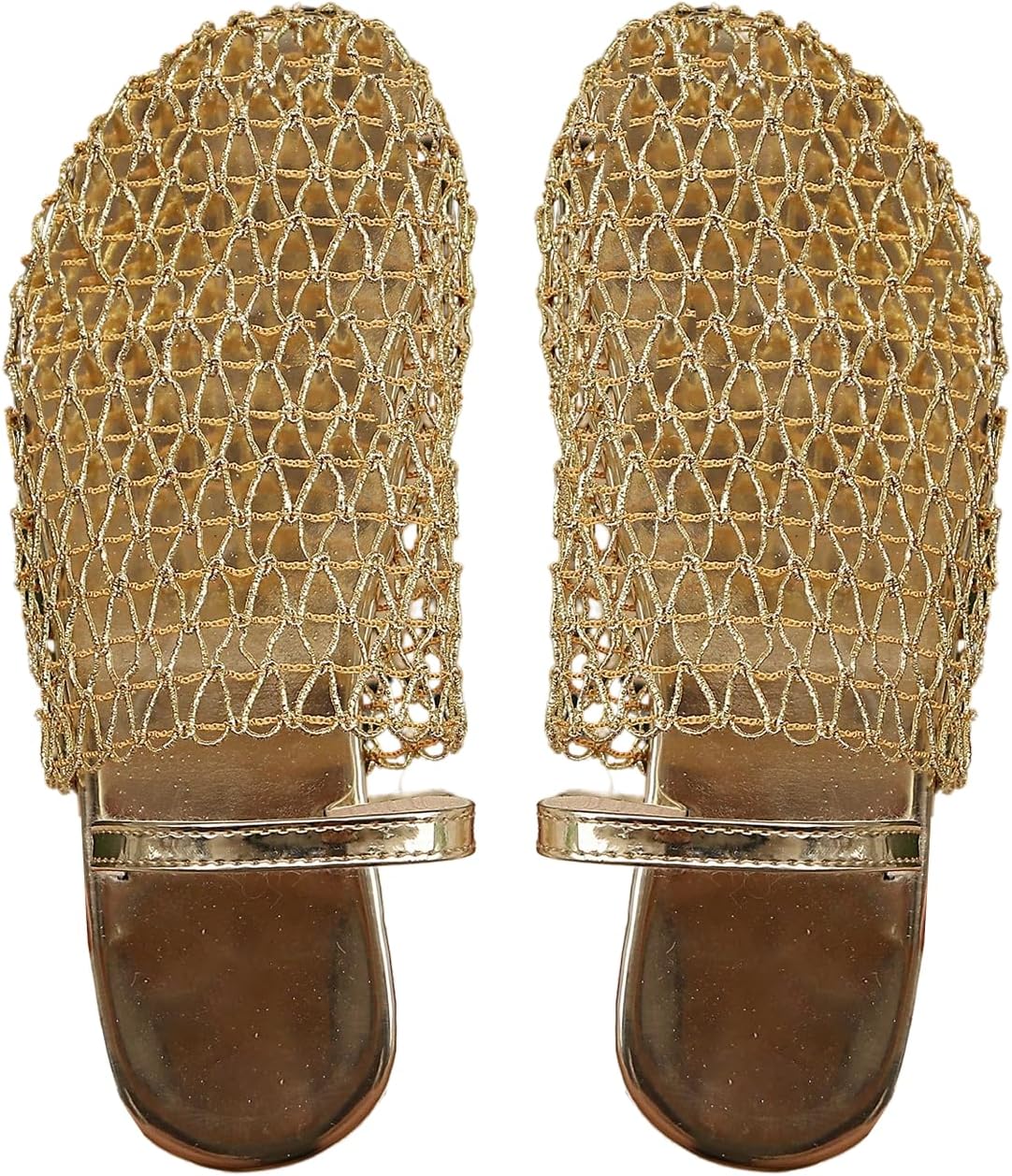 GORGLITTER Women's Fishnet Mesh Close Toe Flat Sandals Metallic Hollow Out Slip On Slides