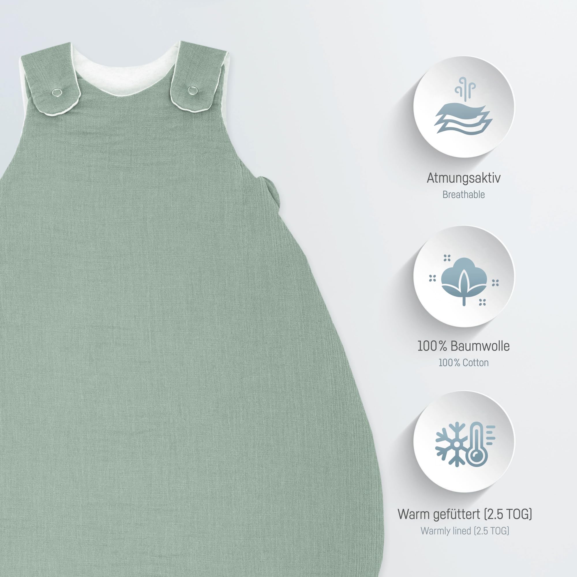 Julius Zöllner Sacco nanna in mussola, imbottitura calda, 2,5 TOG, lavabile a 40 °C, Made in Germany, Oeko Tex Standard 100, verde, taglia 50/56
