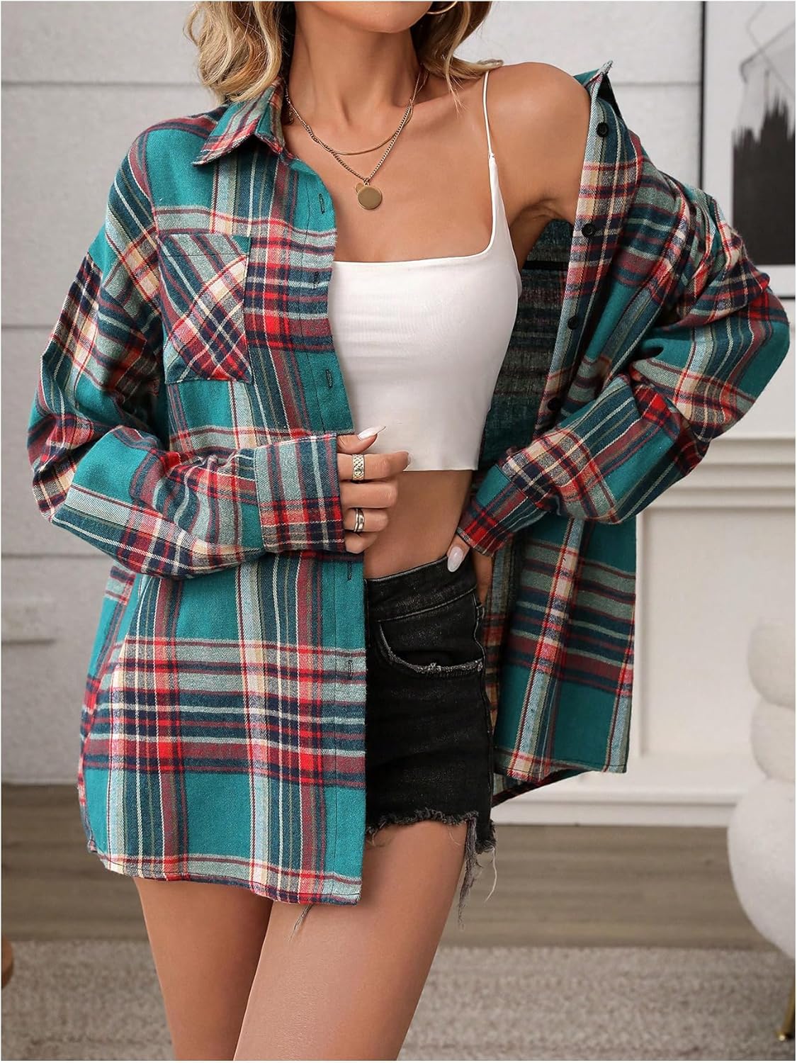 Milumia Women's Plaid Print Button Up Shirts Long Sleeve Collared Oversized Blouse Tops - Image 4
