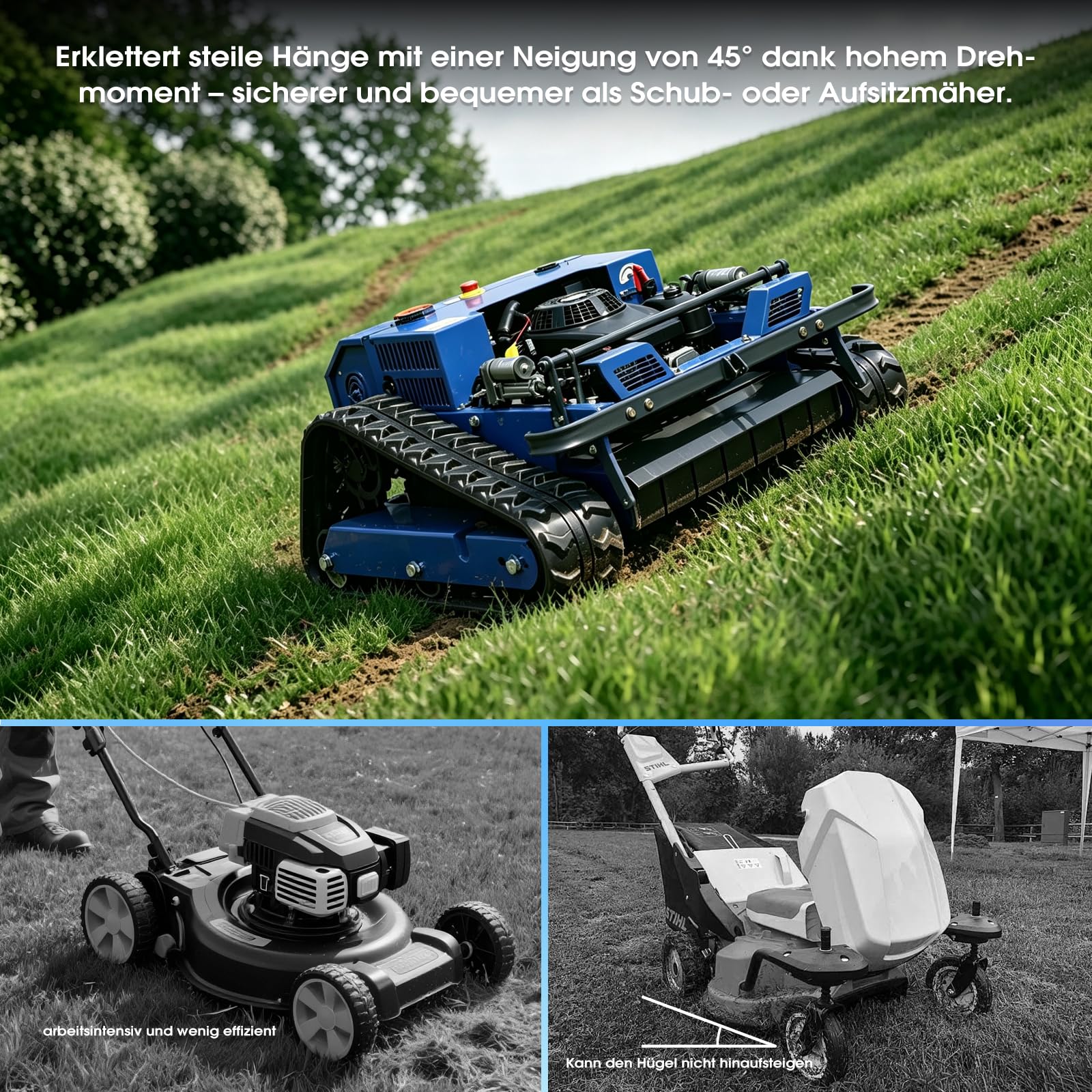 Tondeuse tout-terrain RC - 9 CV essence 55 cm pente 45° lame remboyant 1600W brushless zéro cycle de rotation - cour, plantation de fruits, herbe dense - tondeuse à chenilles professionnelle
