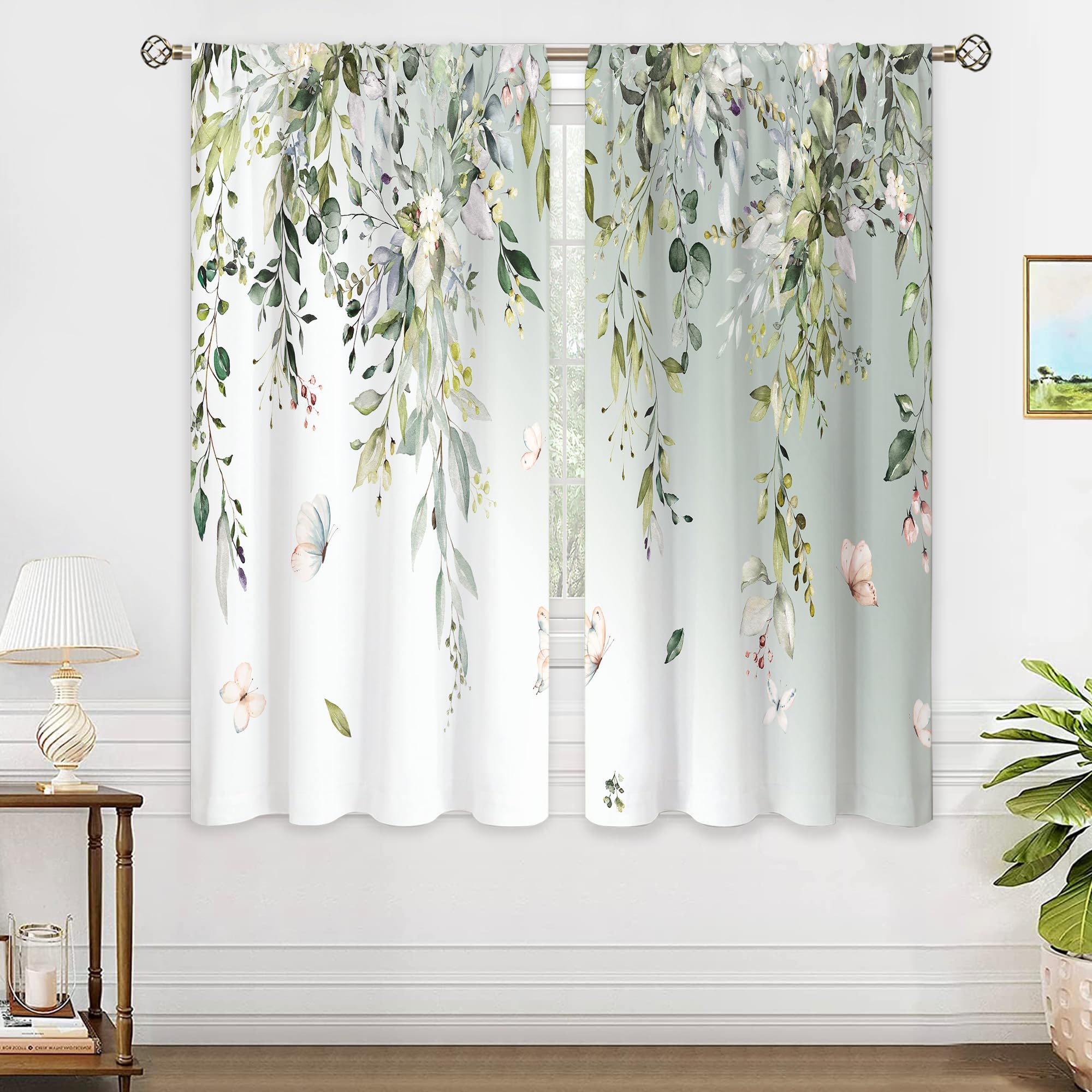 Cortinas de acuarela con flores silvestres y hojas de eucalipto verde salvia 107 x 160 cm