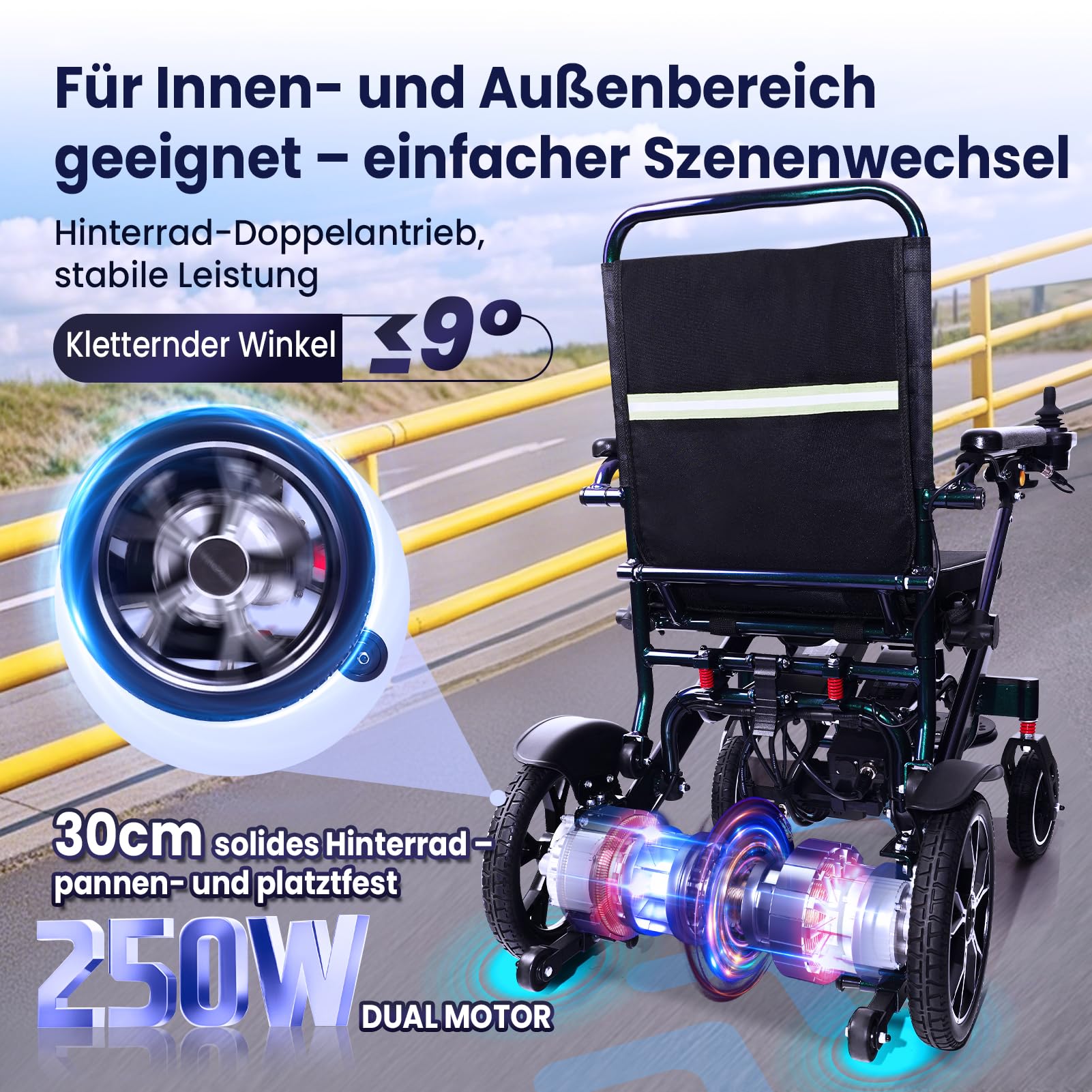 Nuovo colore gradiente sedie a rotelle elettriche, portata di 30 km con 2 batterie al litio, solo 19 kg, 500 W, sedia a rotelle elettrica pieghevole, Airline Approved, con manico telescopico e