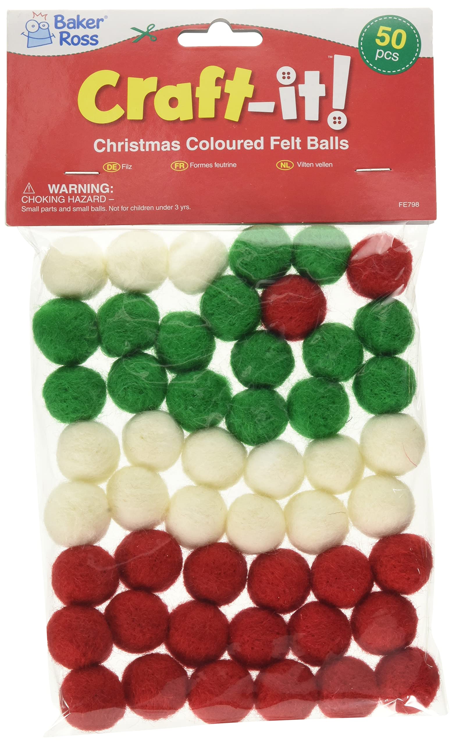Baker Ross FE798 Christmas Coloured Felt Balls - Pack of 50, Christmas Arts and Crafts Accessories, Felt Embellishments for Crafting, Green