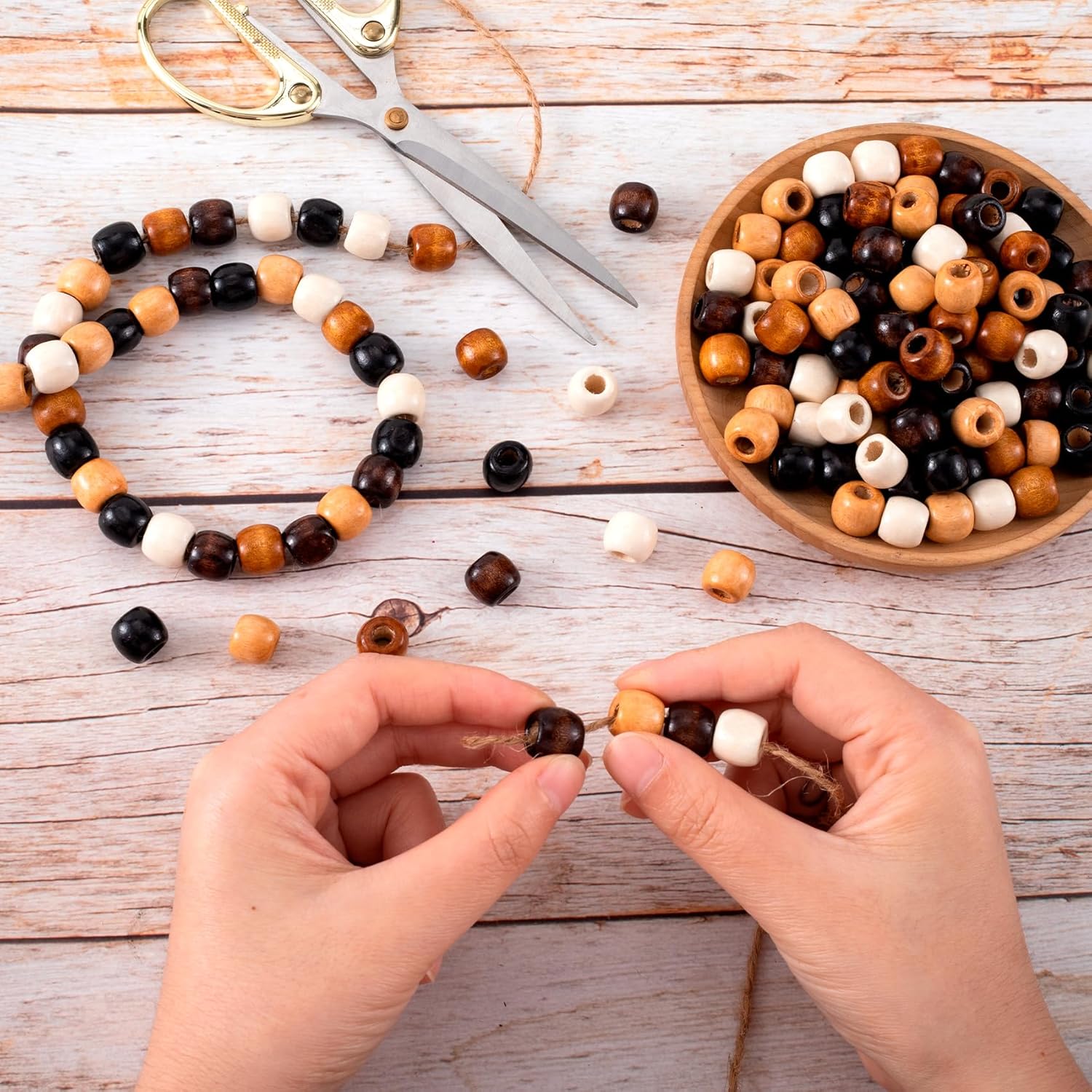 300pcs Wooden Beads for Crafts, 9x10mm & 11x12mm Round Large Hole Natural Wood Hair Bead, Vintage Wooden Spacer for Macrame Necklace Bracelet DIY Craft Handmade Decor- 5 Colors - Image 6