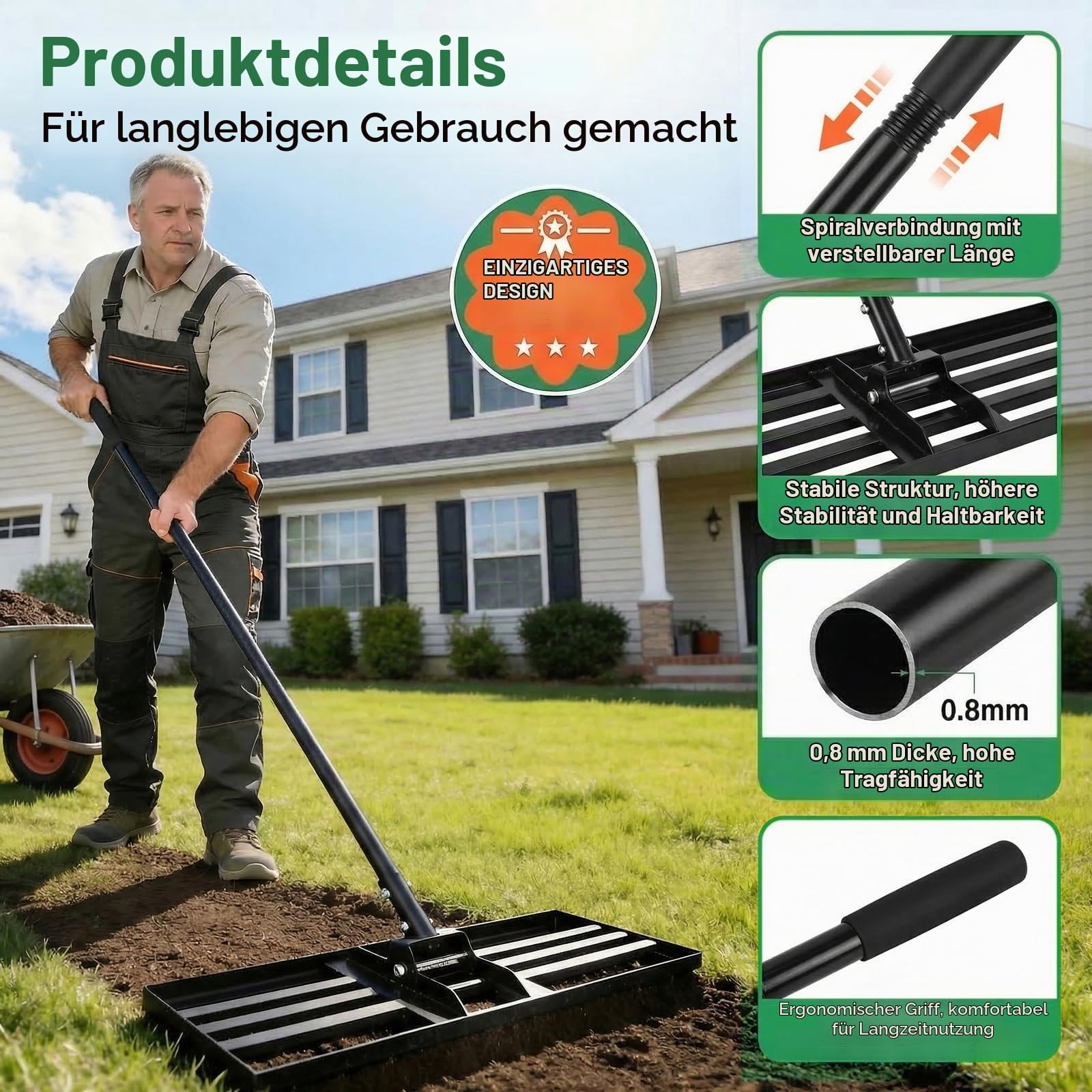 Rasen-Nivellierrechen, 76 cm x 25 cm, robuster Metall-Nivellierer mit 200 cm ergonomischem langem Griff, Gartengerät zum Glätten und Nivellieren unebener Rasenflächen