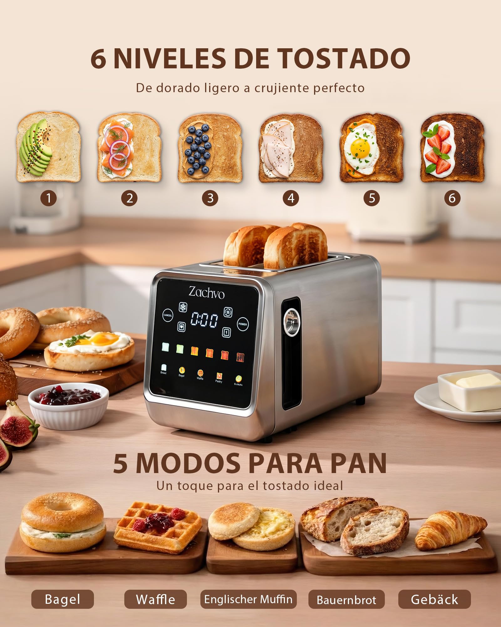 Tostadora de 2 Rebanadas de Acero Inoxidable con Pantalla Táctil Grande, Cuenta Atrás LED y Memoria, Modos Una Rebanada y Bagel, Pinza para Sándwich, Calientapanecillos