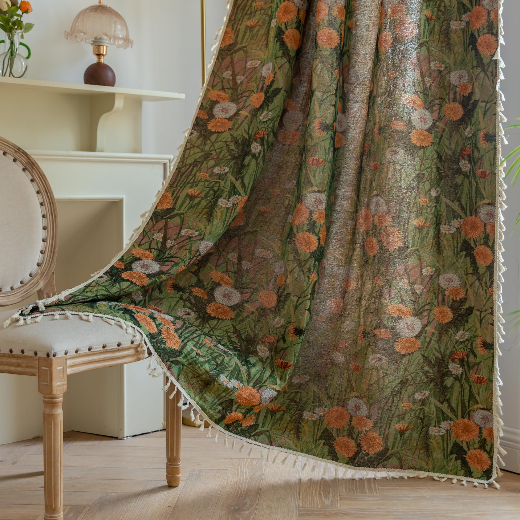 USTIDE Dandelion 71 Inch Curtains Short Semi Sheer Drapes Patterned Bedroom Rod Pocket Jacquard Window Curtain Panels Farmhouse Country Tassel 1 Panel Set Living Room Boho Window Treatments — image 1