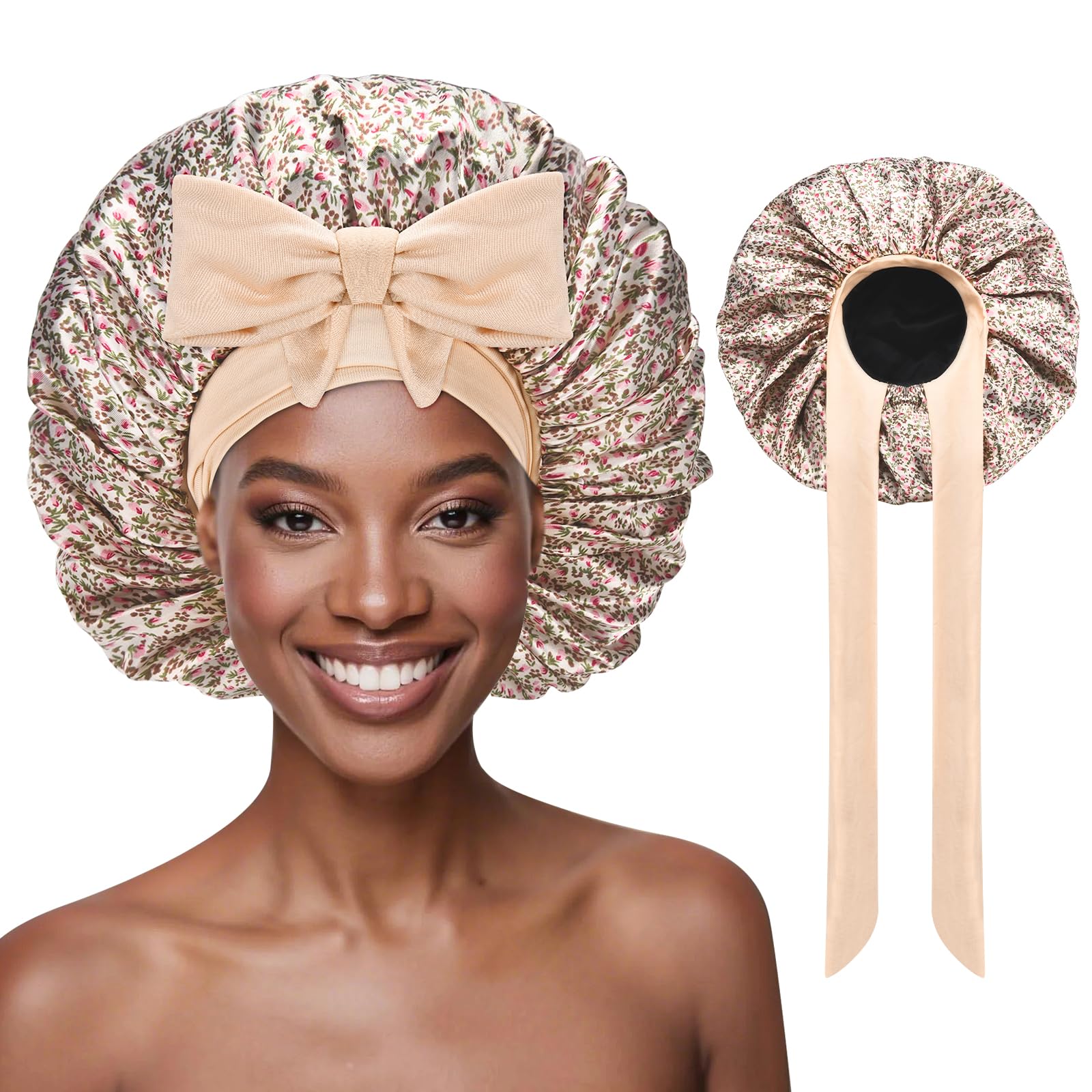 Ptrin Satin Bonnet,Silk Bonnet Hair Bonnet for Sleeping Women,Large Double Layer Satin Hair Bonnet for Sleeping with Adjustable Tie Band,Soft Elastic Breathable Silk Sleep Cap for Curly Hair, Green