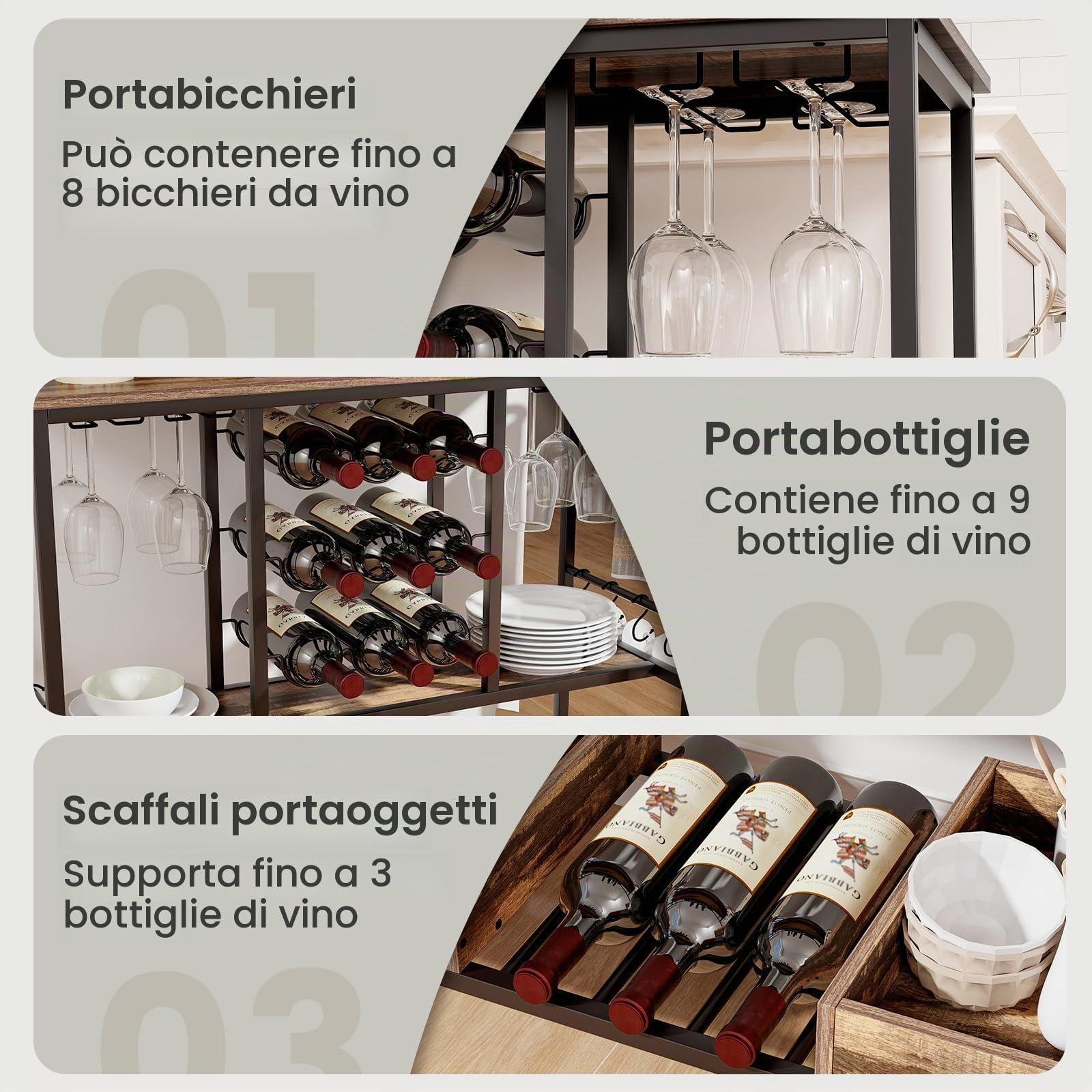 GIANTEX Carrello di Servizio Industriale a 3 Livelli, Carrello da Cucina con Portabicchieri, Porta Bottiglie, 107,5x40x91,5 cm