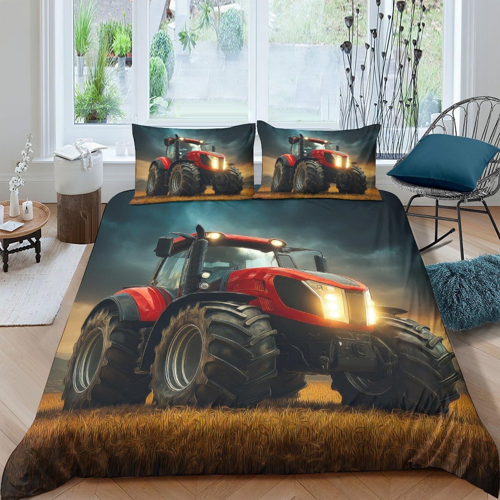Ctjqhvkz Style-2 3D Printed Red Tractor Fitted Sheet Microfiber Soft Farm Field Bed Sheet Anti-Slip Machine Washable For Bedroom Single（135X200cm）