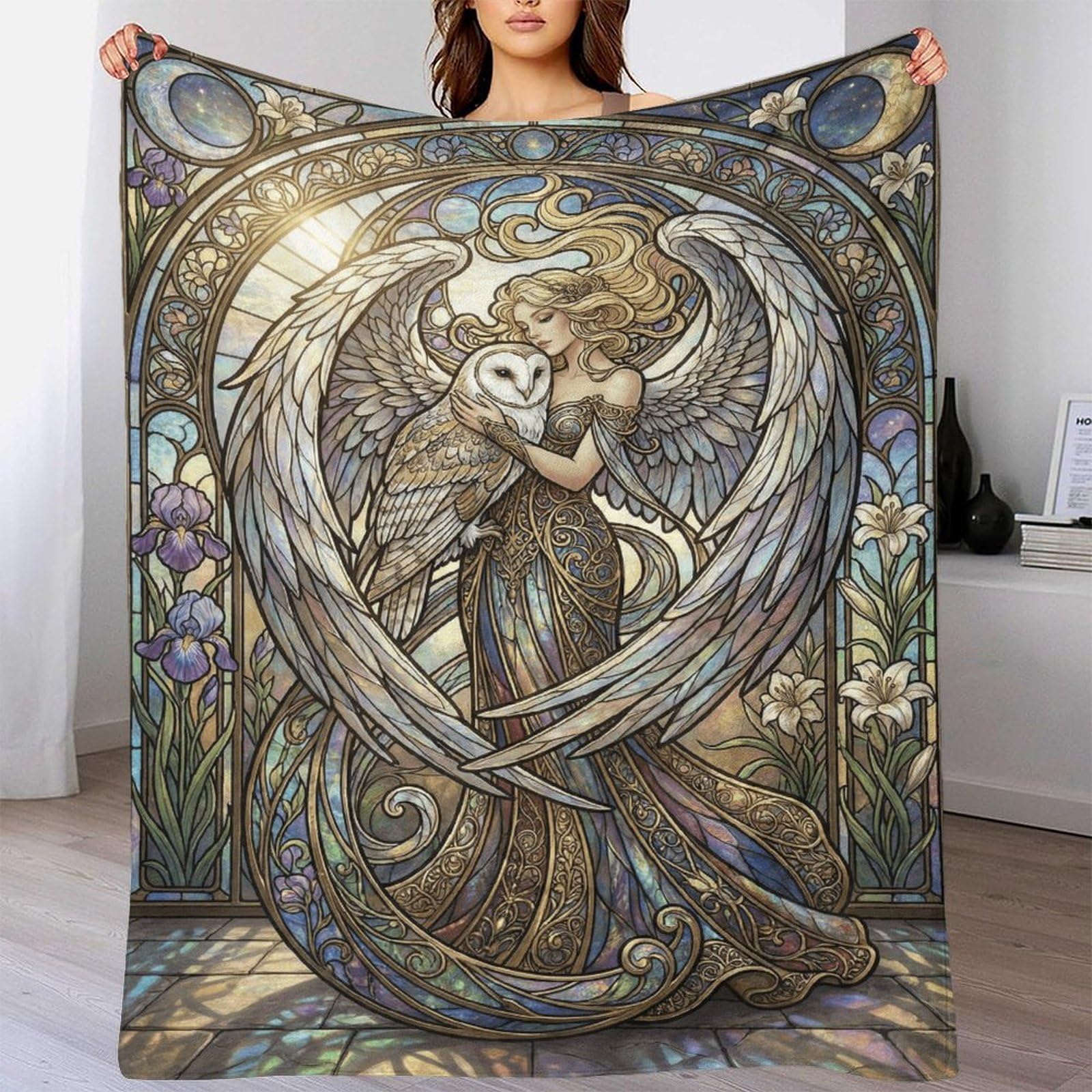 W7C8U2X3 Art Nouveau Mucha Owl Goddess Flannel Throw Blanket, TV Time Sofa