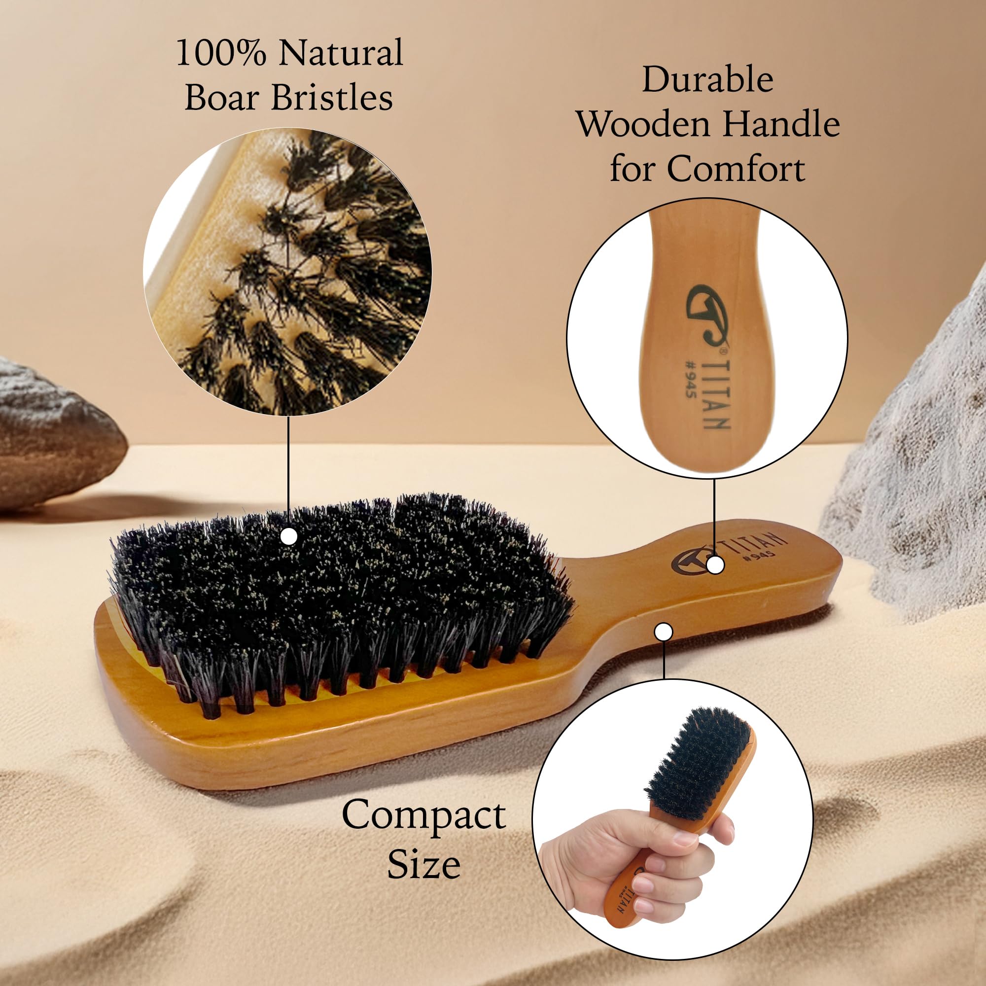 Titan Cepillo ondulado para hombres y mujeres, todas las texturas del cabello, 1 pieza, 100 cerdas naturales de jabalí, mango de madera, cepillo de pelo de madera