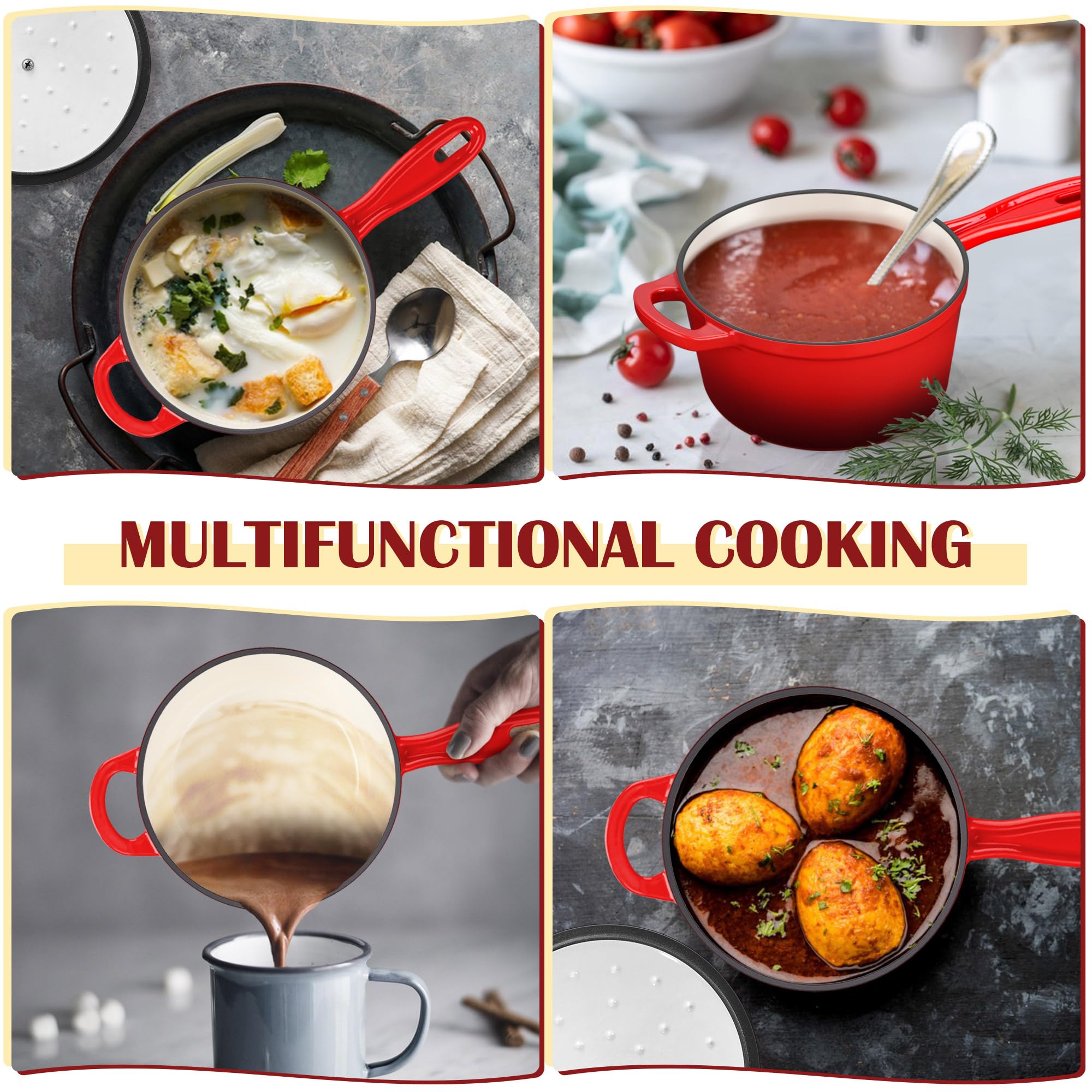 E-far Emaillierte Gusseisen-Saucenpfanne mit Deckel, 1 Quart Dutch Oven Stielkasserolle, Mini-Saucentopf zum Kochen, Kochen, Gesund & Ungiftig, Induktion & Ofenfest, Rot