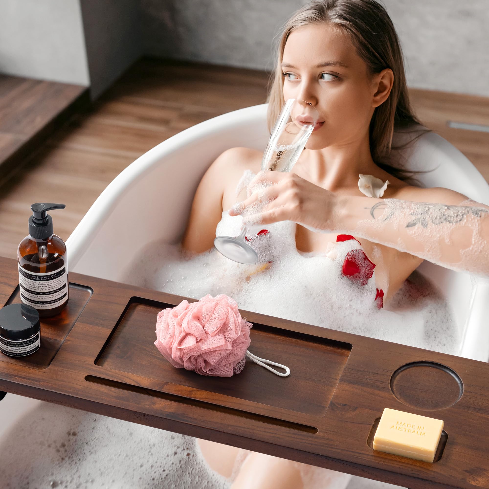 Bandeja de bañera de madera de teca, bandeja de bañera ajustable de 35 pulgadas para bañeras independientes, con soporte antideslizante para teléfono y copas de vino, soporte para libros para baño