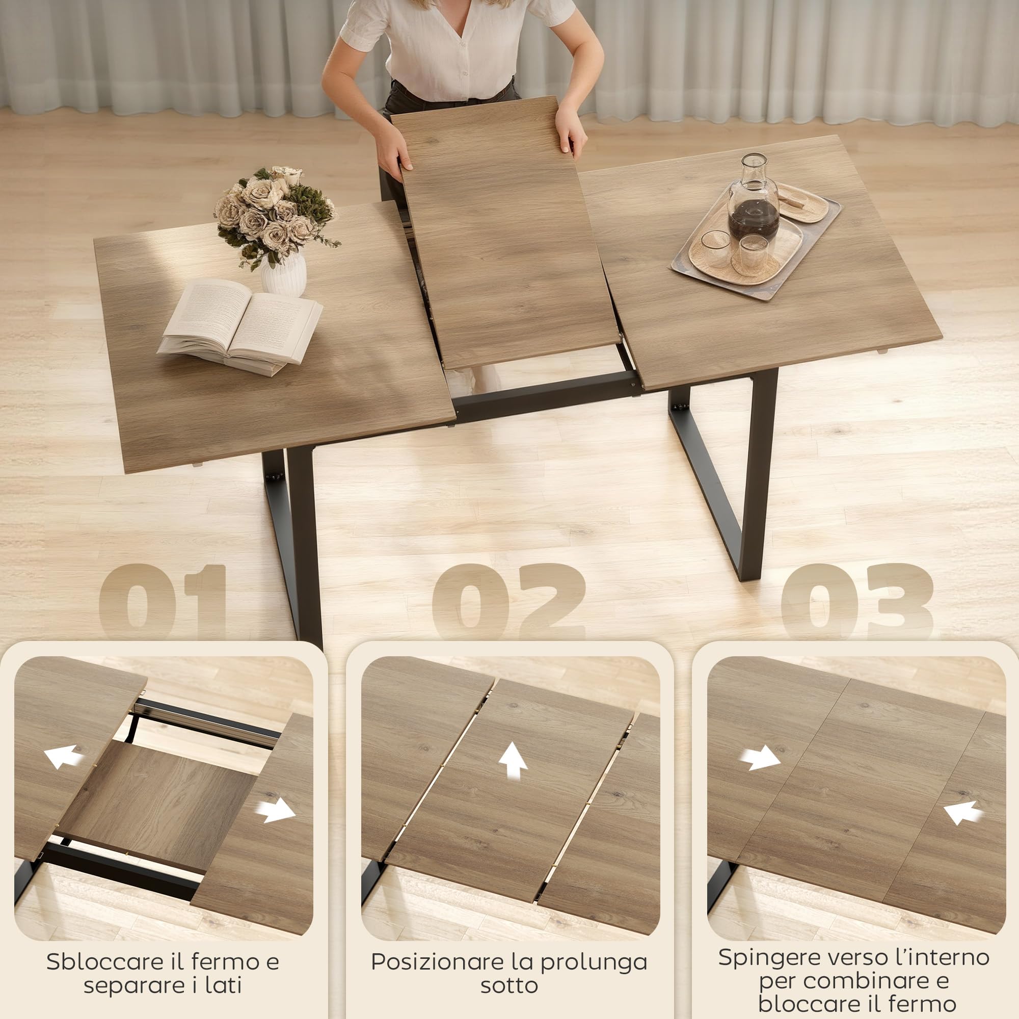 HOMCOM Tavolo da Pranzo Allungabile per 6-8 Persone con Pannelli Rimovibili, 140-180cm Tavolo Allungabile Rettangolare con Base in Acciaio, Stile Industriale, per Sala da Pranzo Soggiorno, Color Legno