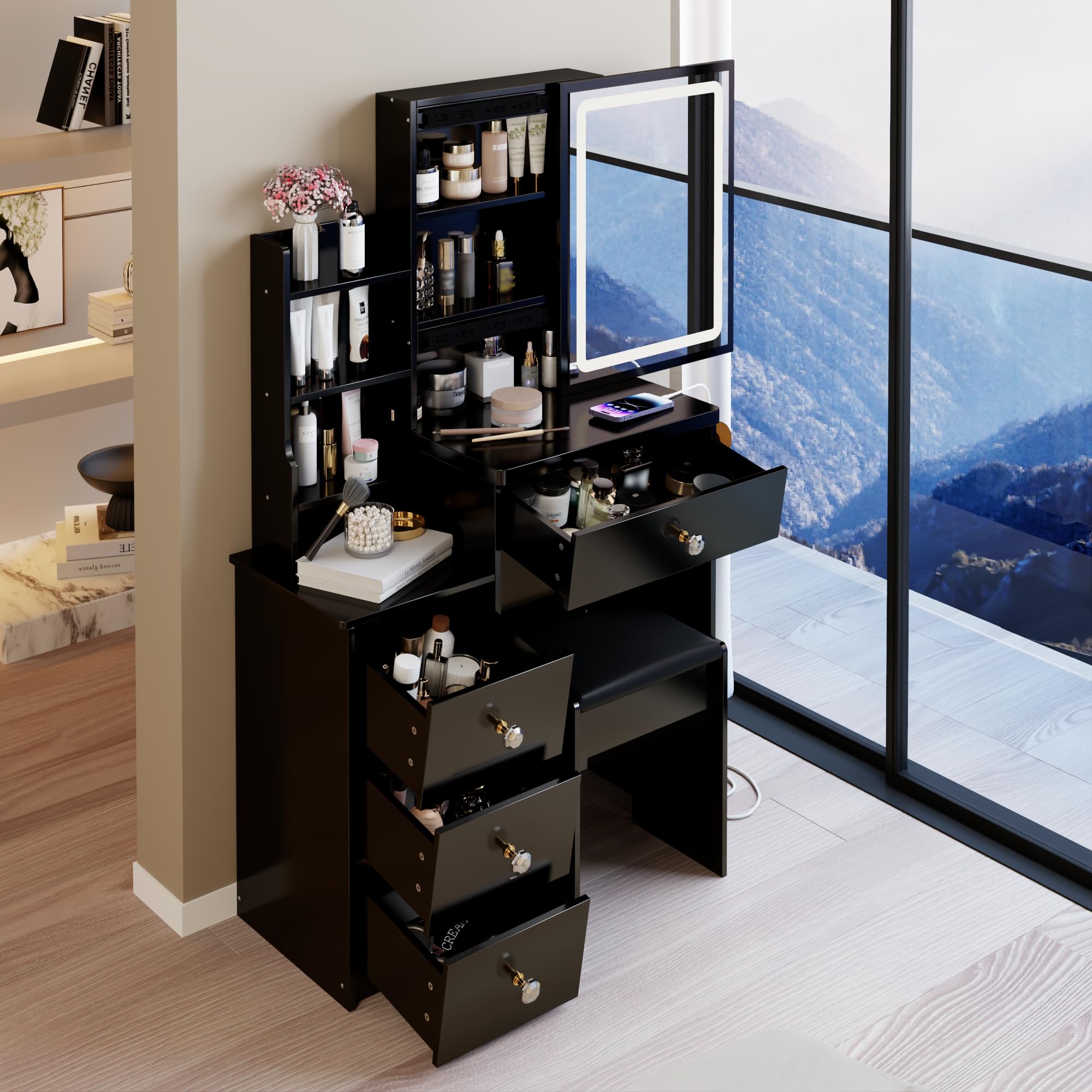 Polibi 29.2" Small Vanity Table with Left Bedside Cabinet and Cushioned Stool,Dressing Table with Tri-Color Adjustable LED Mirror,Built-in 2AC/USB/Type-C Ports & Hair Dryer Stand(Black)