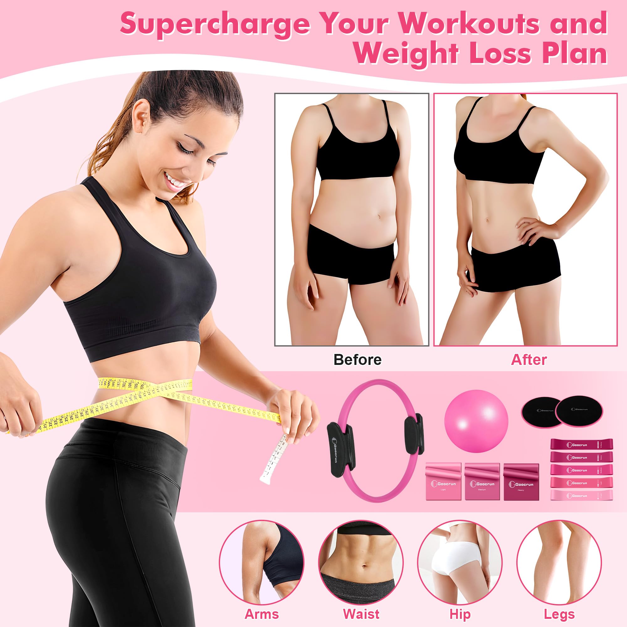 Goocrun Ensemble d'anneaux de Pilates avec bandes de résistance, ballon et disque de glissement