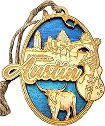 Enfeite Austin Texas para árvore de Natal de madeira, música ao vivo, capital mundial, feito nos EUA