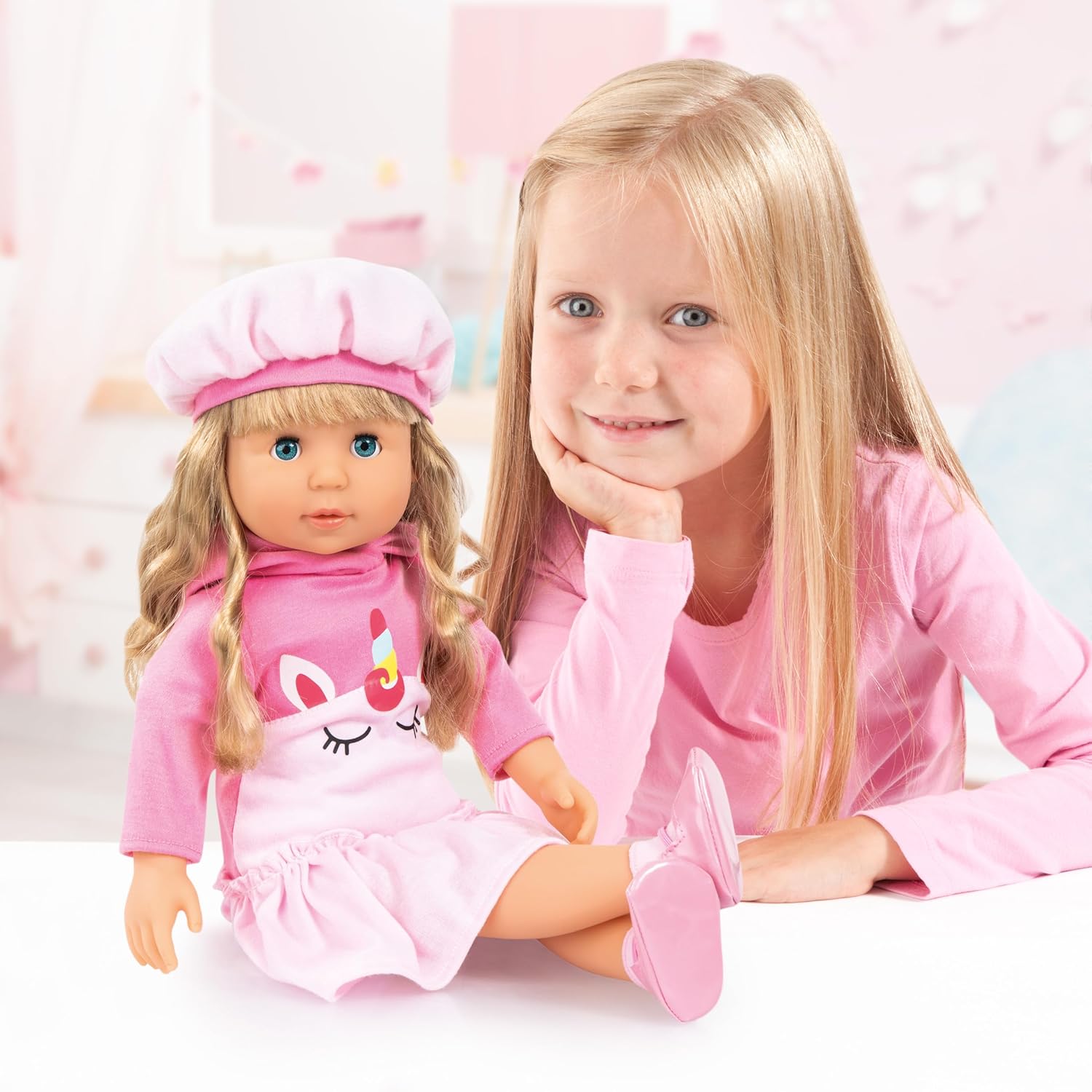 Bayer Design: Charlene 18" Doll: Interactive Sounds - Kiss & Laugh - Pink Unicorn Outfit, Long Curly Blonde Hair, Storage Suitcase-Accessories, Kid 3+