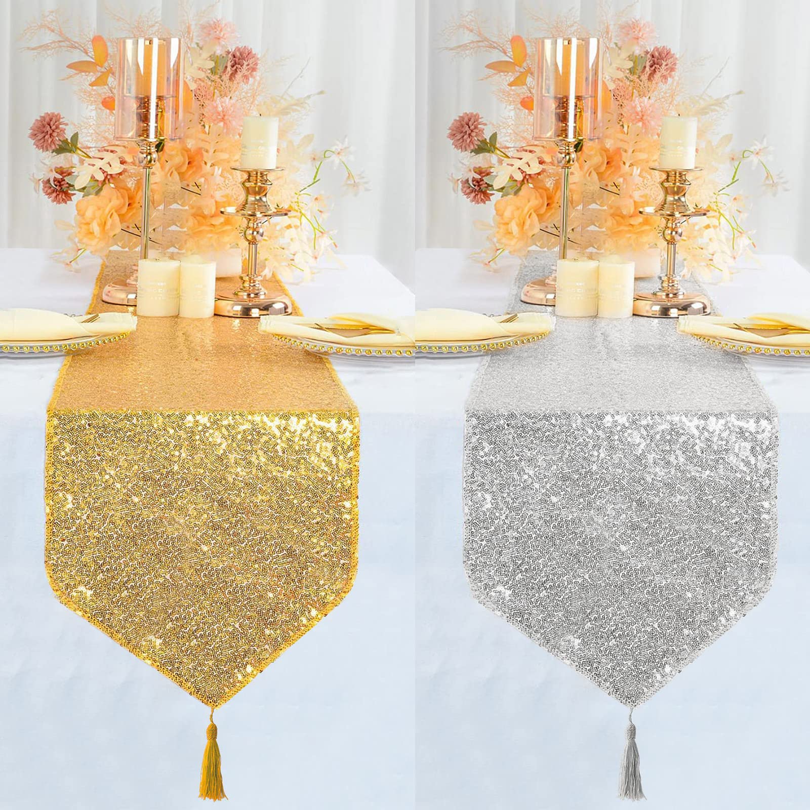 Runner da Tavolo con Paillettes 11,8x118 Pollici Runner da Tavola Glitterato Runner con Paillettes Scintillanti Runner da Tavolo Rettangolare in Tessuto per Feste Matrimoni Decorazioni(D'argento