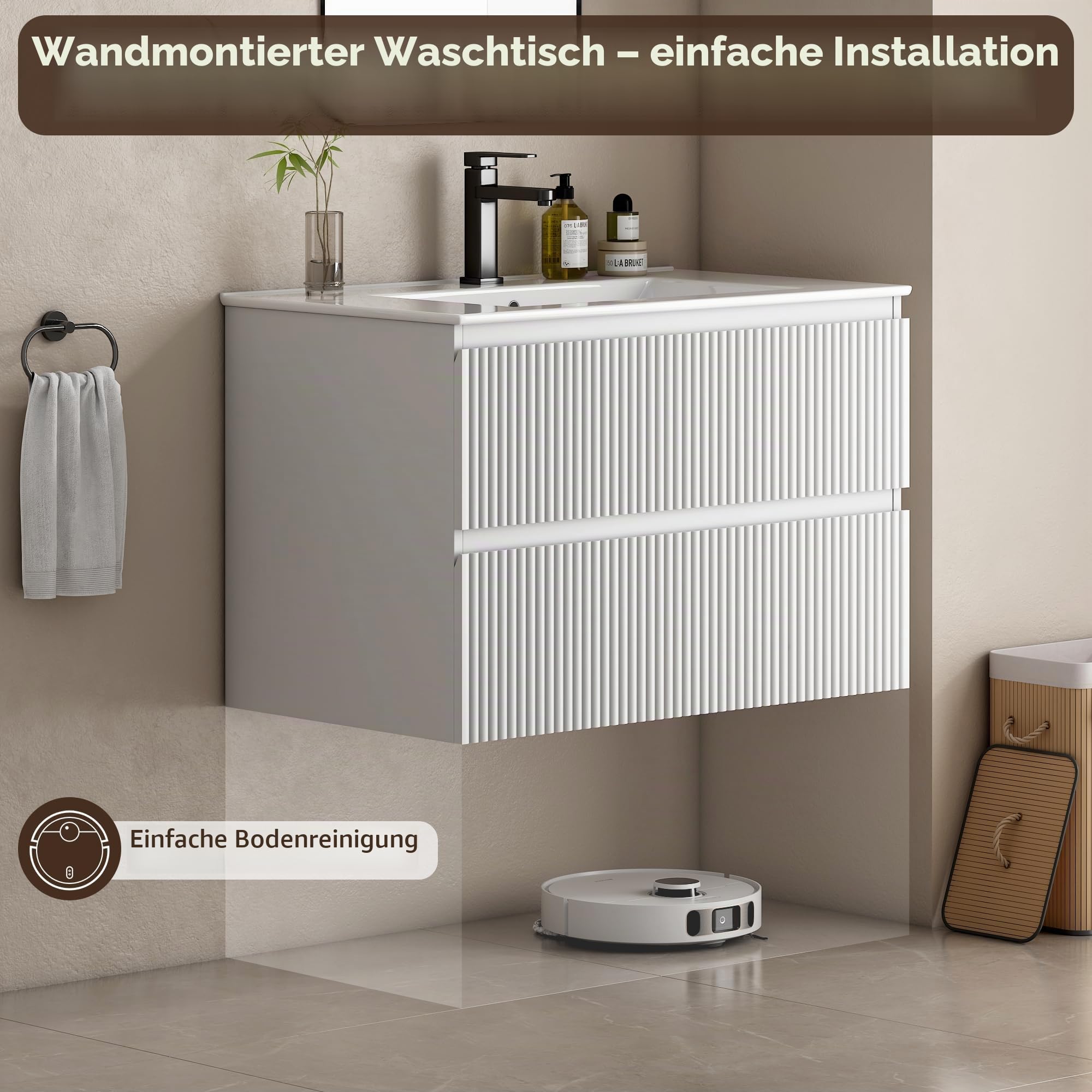 Waschtisch für Gäste-WC 60 cm, Hängender Waschbeckenunterschrank mit Keramik-Waschbecken, 2 Schubladen mit Rillenfront für kleine Bäder, Weiß