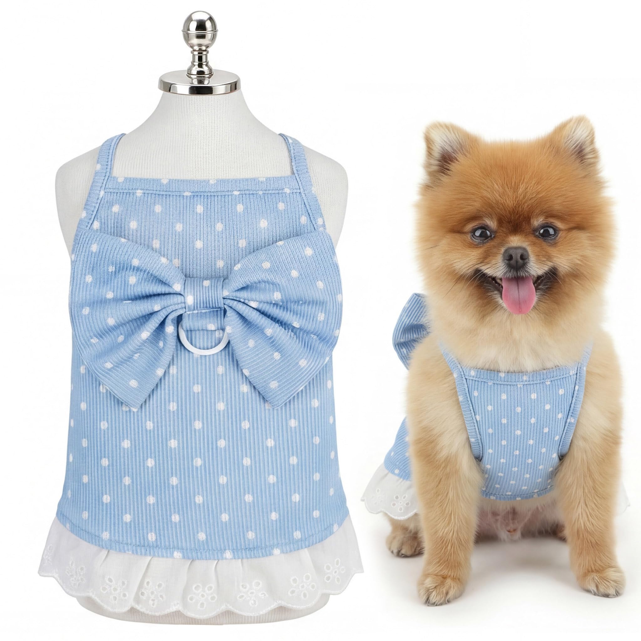 SMALLLEE_LUCKY_STORE Polka Dot Knit Dog Dress with Lead Ring, Stretchy Sleeveless Puppy Sundress with Big Bow and Lace Hem, Breathable Spring Summer Clothes for Small Dogs and Cats, Blue, S