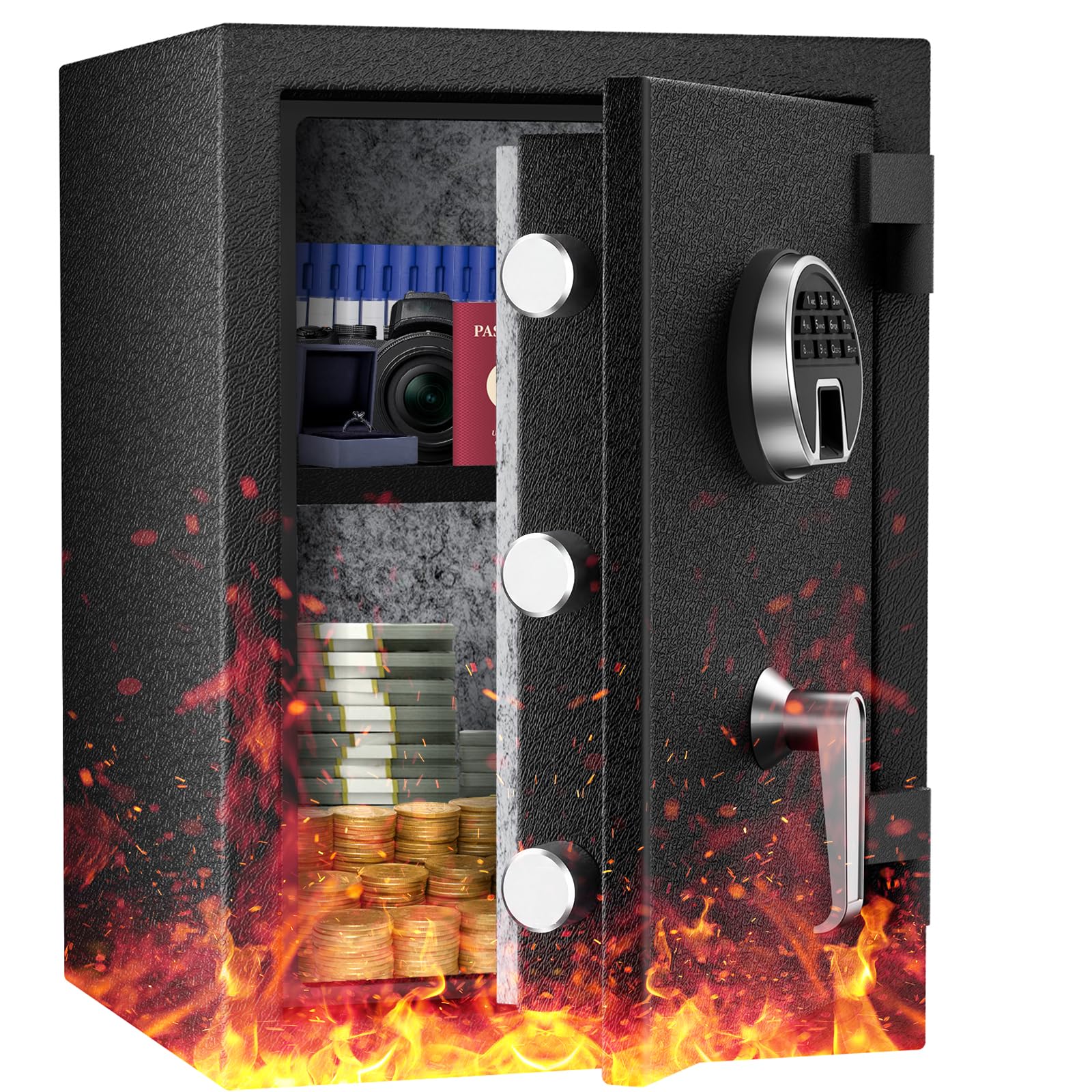 WASJOYE Biometrischer Feuerfester Tresor, Fingerabdruck Möbeltresore mit Digitale Tastatur und Typ-C-Aufladung, Safe Wasserdicht für Dokumente & Bargeld, Tresor für Zuhause, Hotel, Büro, 63L