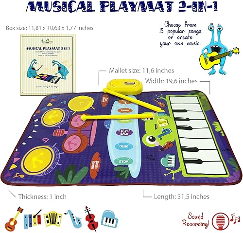 Miniatura 8 de Juguetes musicales para niños pequeños 2 en 1 Juego de tapete de piano y batería con 2 palos de música, tapete de juego de suelo para bebé, tapete