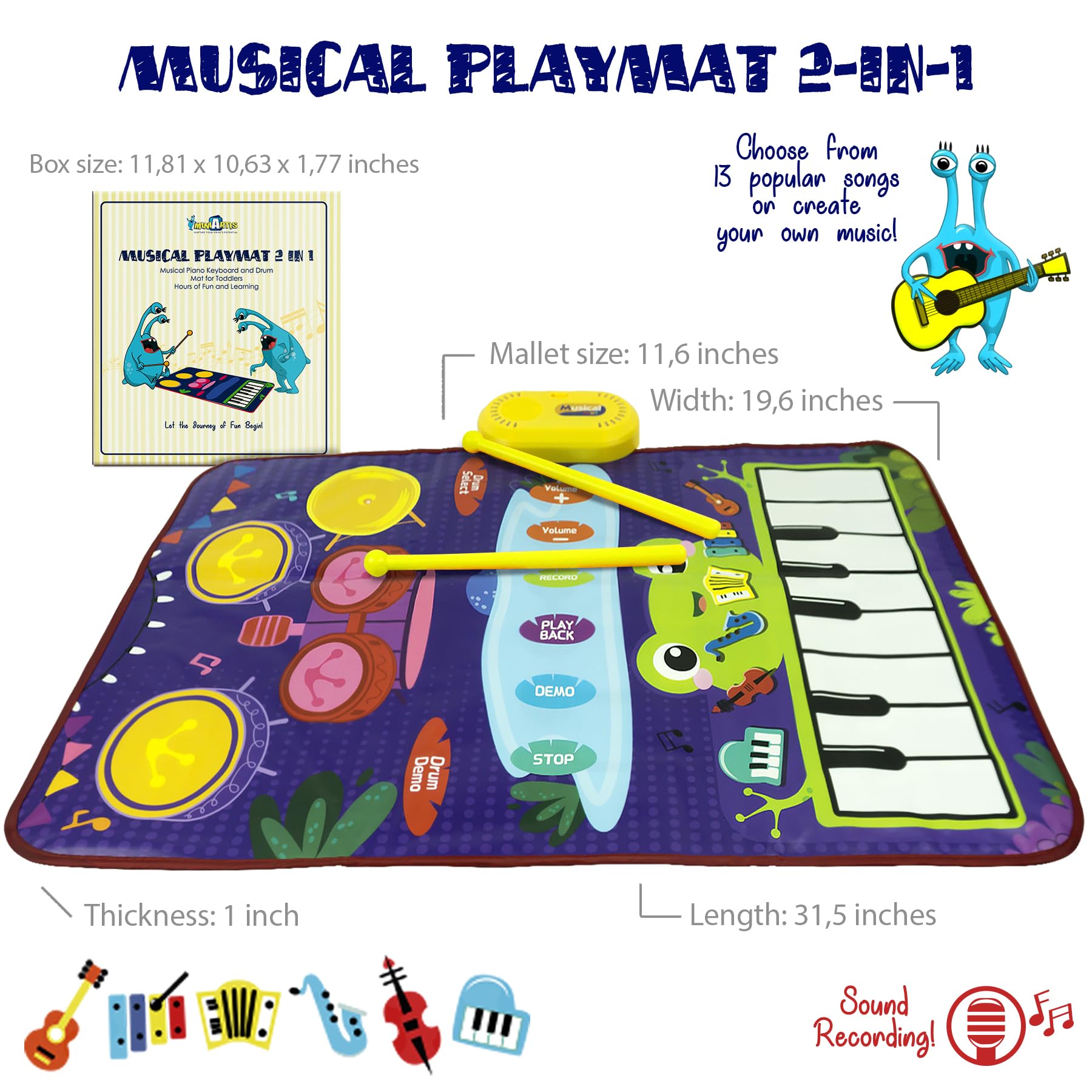 MINIARTIS 2-in-1 Baby Musical Mat | Floor Piano Mat & Drum Set for Toddlers 1-3 | Baby Musical Toys | Educational Music Mat for Girls & Boys Birthday Gifts