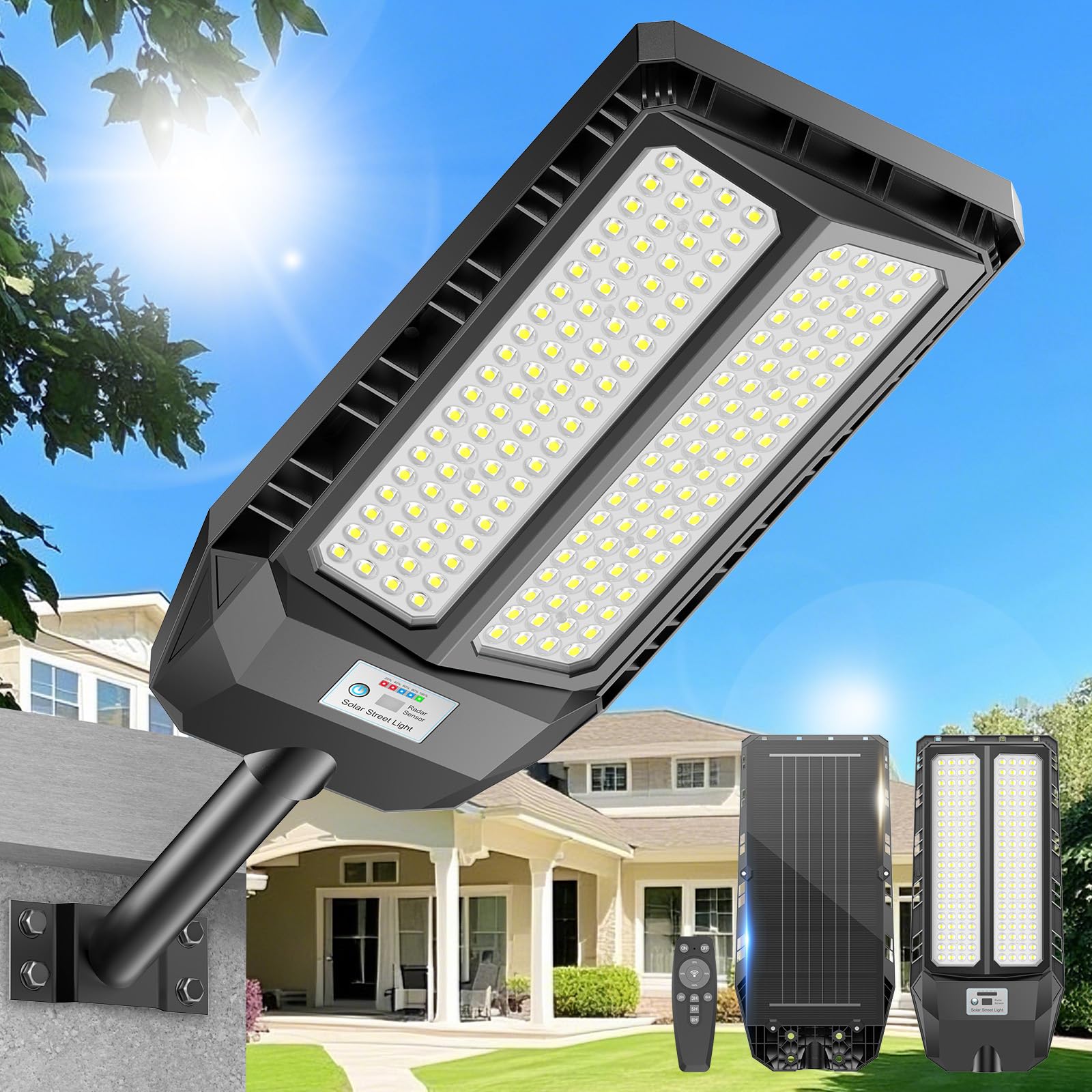 Adewalk 900W Lampione Solare Led Esterno con Telecomando, IP66 Impermeabile Lampada Stradale Solare con Sensore di Movimento, 6500K Super Bright Lampioni da Giardino Esterno Solari per Garage Strada