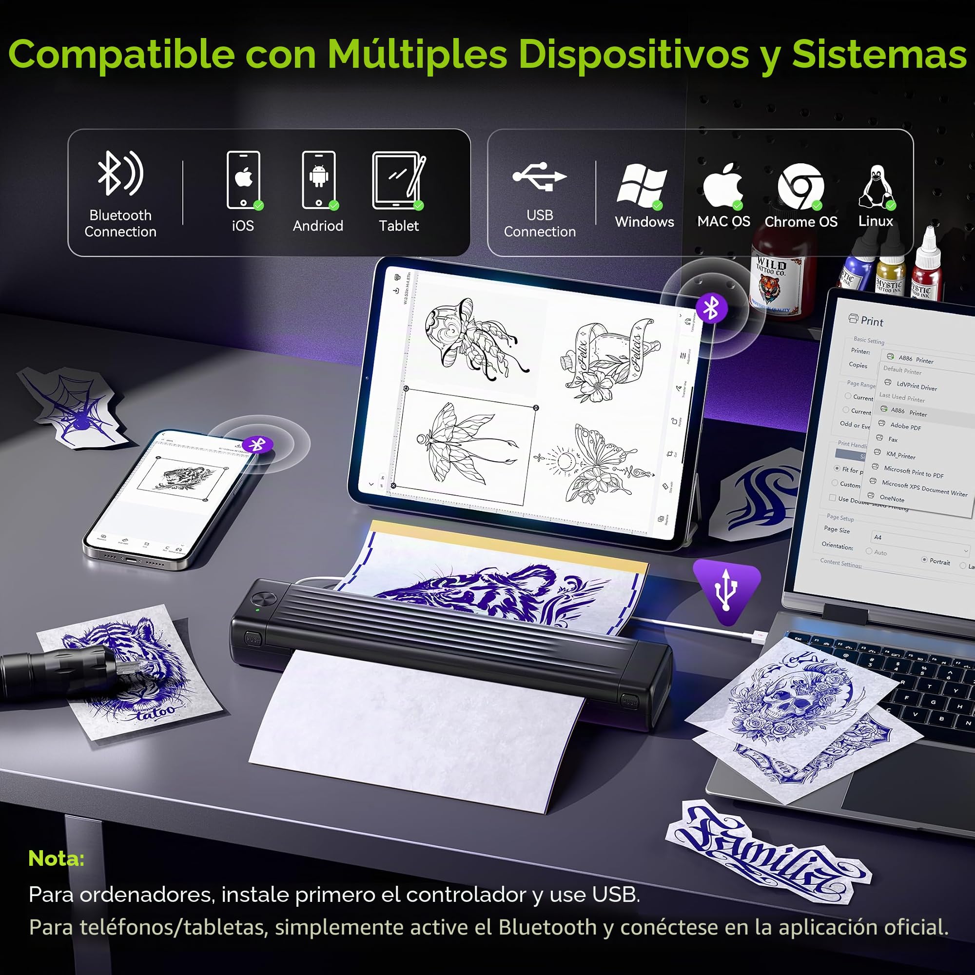 Itari Termocopiadora Tattoo, Impresora Tatuajes con 100 Hojas de Papel de Transferencia, Impresora Termica Tattoo, Impresora Tattoo Compatible con Smartphone PC,Negro,100 Hojas