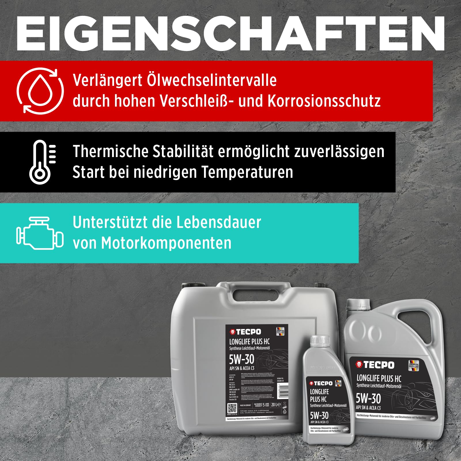 TECPO Motoröl 7 Liter 5W-30 LONGLIFE Plus HC Synthese passend für ACEA C3 / API SN / 504/507 / 229.31/229.51 / LL-04 / C30