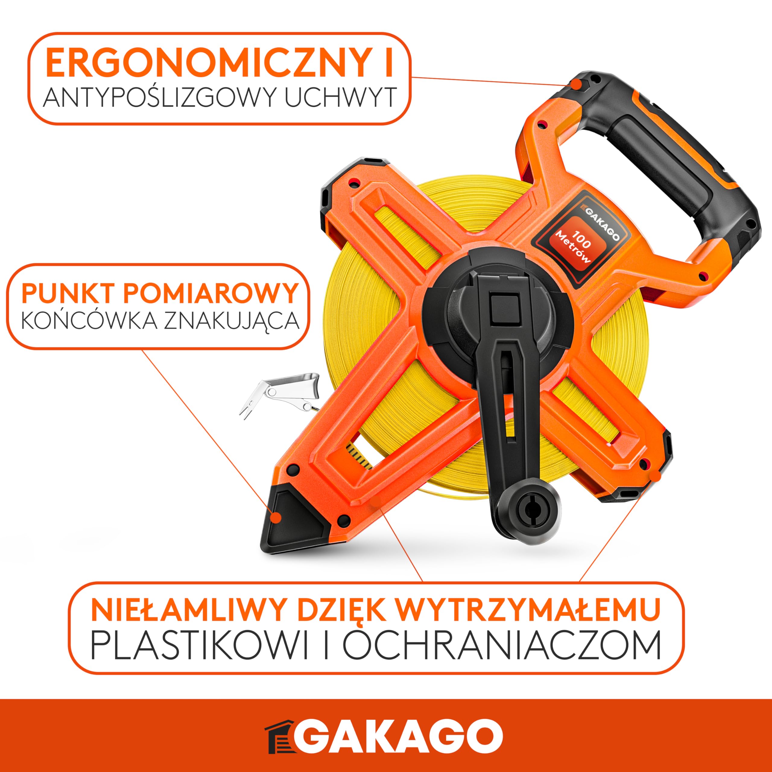 Gakago Taśma miernicza 100m - 3-krotna z dźwignią do składania - Ergonomiczny i antypoślizgowy uchwyt taśmy mierniczej - Rolka taśmy mierniczej z końcówką do zaznaczania punktów pomiarowych