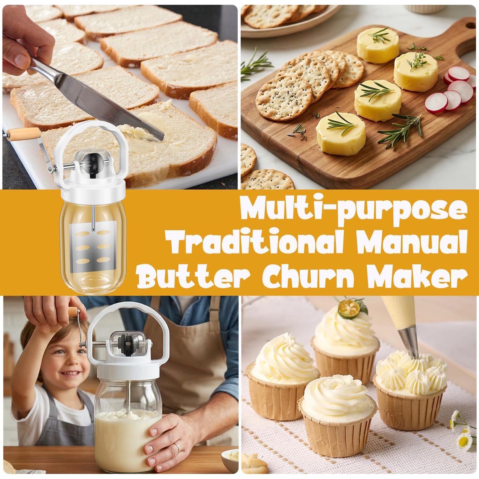 Manueller Butterkanner mit Glasgefäß und Holzgriff, 1,5 l Handkurbel Butterbereiter und verbessertes Getriebesystem für hausgemachte Butter und Backen