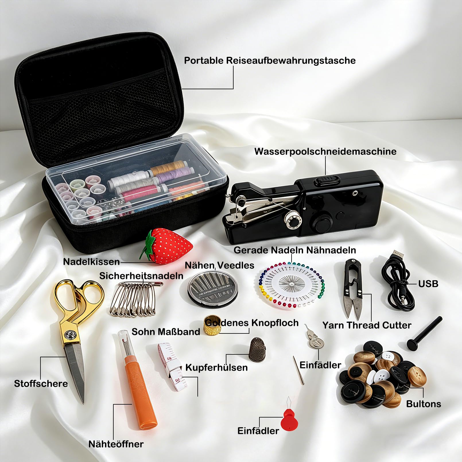 BRICH Portable Handheld Sewing Machine with Black Storage Box 125-Piece Sewing Kit - Compact Cordless Design Ideal for Adults and Beginners - Essential for Quick Home Clothing Repairs and Alterations