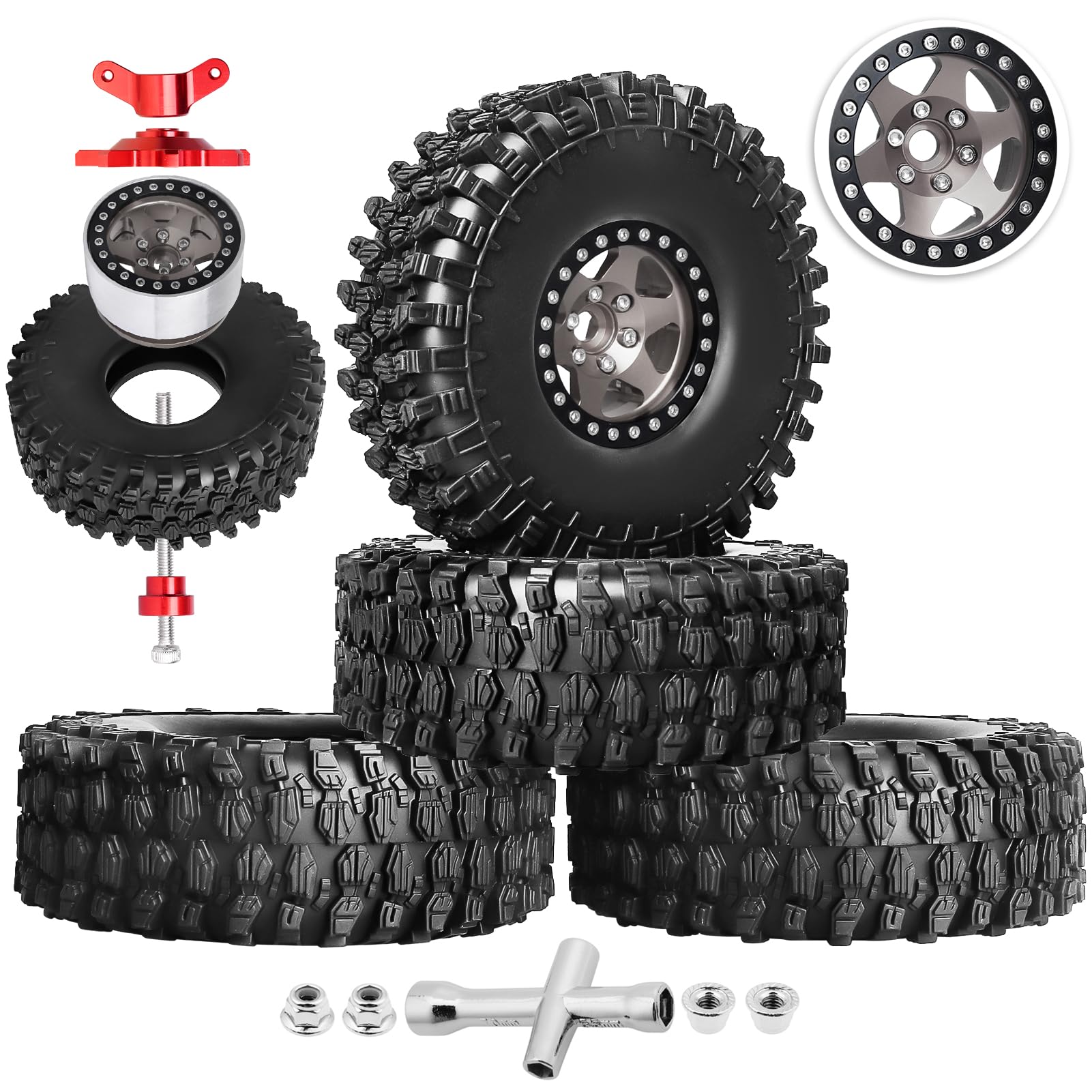HobbyPark 1.9 Beadlock Wheels and Tires 120mm / 4.72inch Height and Mounting Install Tool for 1/10 RC Crawler with Foam Inserts,Set of 4 (Gray&Black)